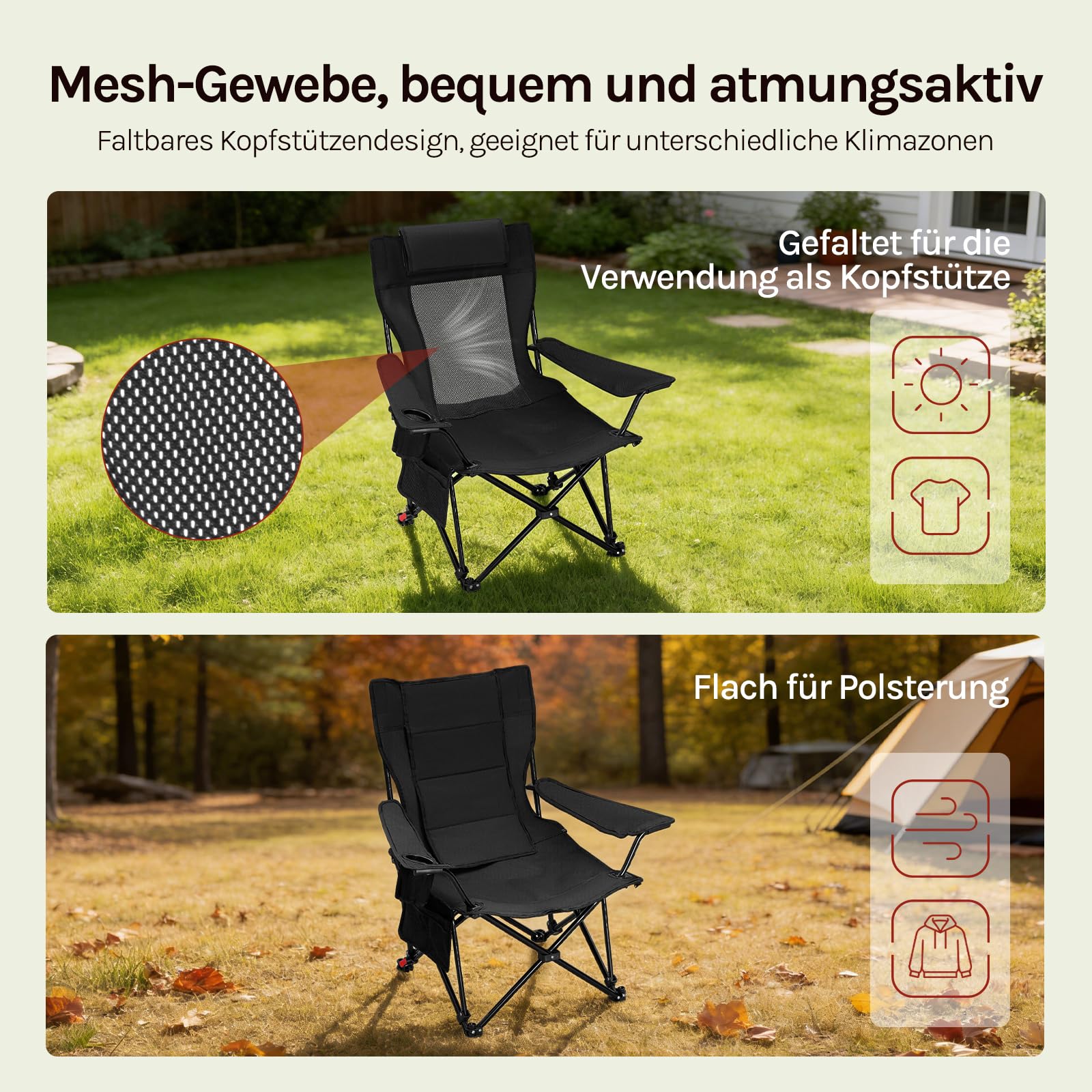 WOLTU Campingstuhl Faltbar 2 Set,Camping Klappstuhl bis 150 kg Belastbar Outdoor Angelstuhl mit Getränkehalter Abnehmbarer Kopfstütze und Seitentasche,für Angeln Picknick und Garten,Schwarz