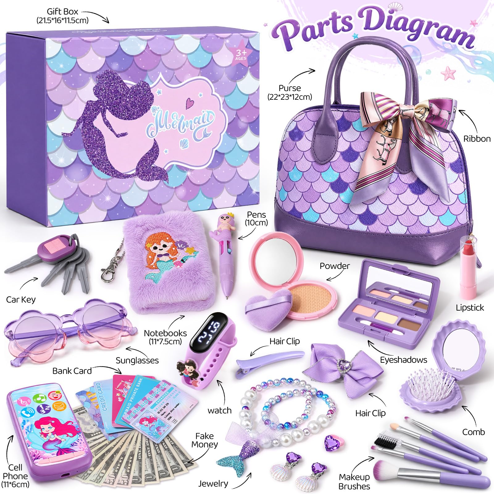 Bolso Sirena Niña 3+ Años con Maquillaje Juguete y Reloj Real Funcional