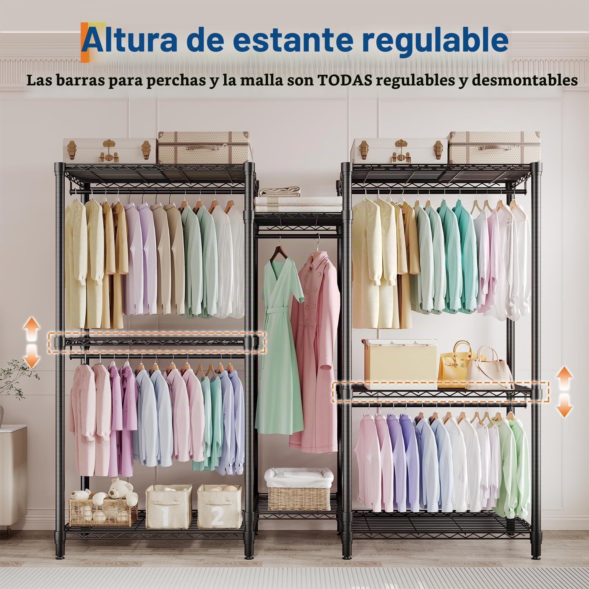 Perchero de Ropa Resistente, Armario Vestidor con 3 Combinaciones, Niveles 3×2×3, Vestidor Profesional para Dormitorio de Adulto, Perchero de Dos Pisos, Negro 195×45×195cm