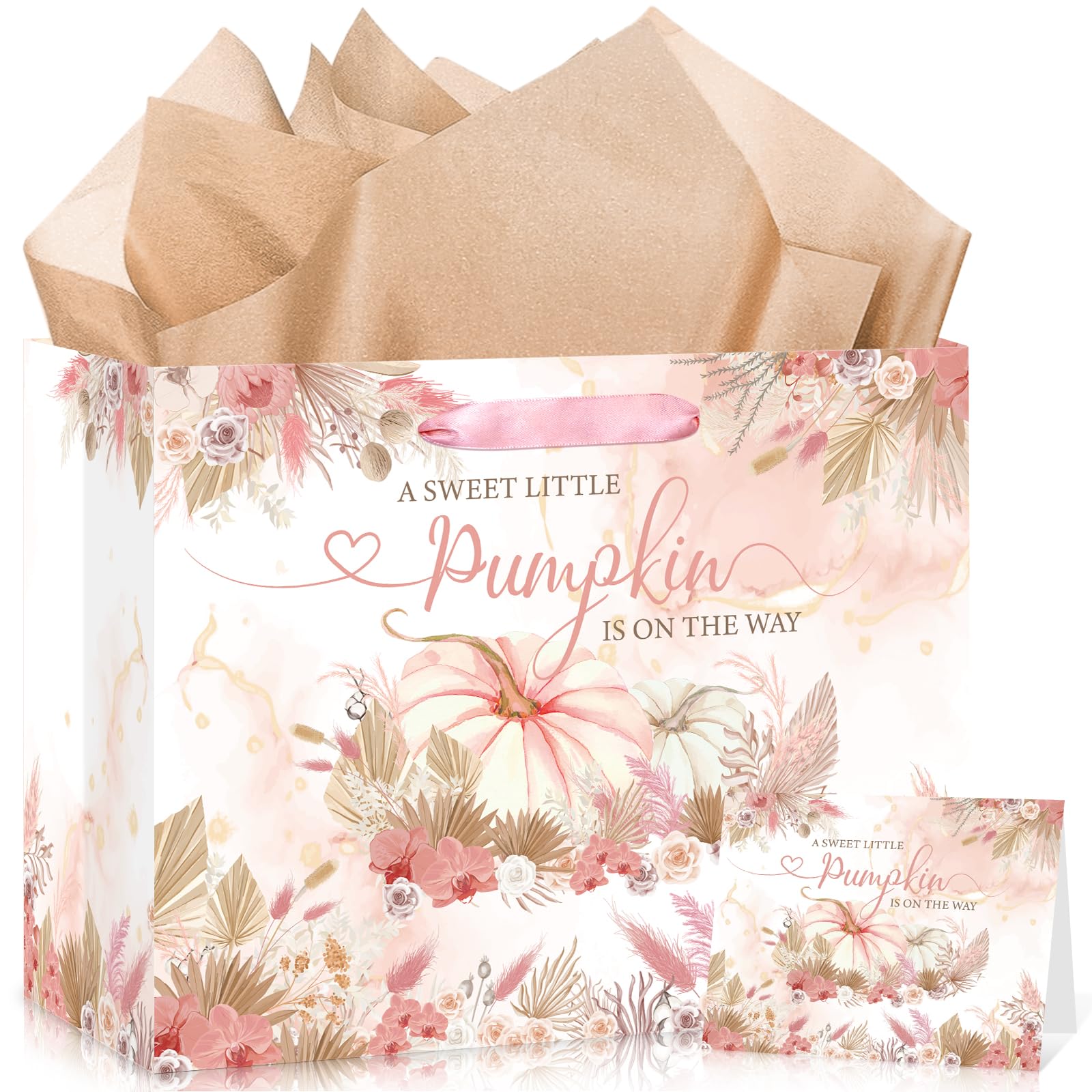 Fall Boho Pumpkin Baby Shower Birthday Gift Bag for Baby Girls A Sweet Little Pumpkin is On The Way Bag with Wrapping Paper Card Large Pink Floral Autumn Gift Bag for Baby Shower Bday Party Supplies