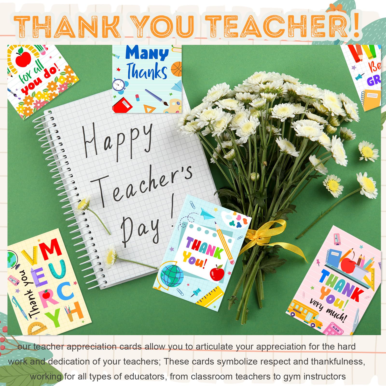 Motiskyy Juego de 48 tarjetas de agradecimiento para profesores con sobres y calcomanías, tarjetas de felicitación de estudiantes a granel para la semana de agradecimiento de los profesores, mejor