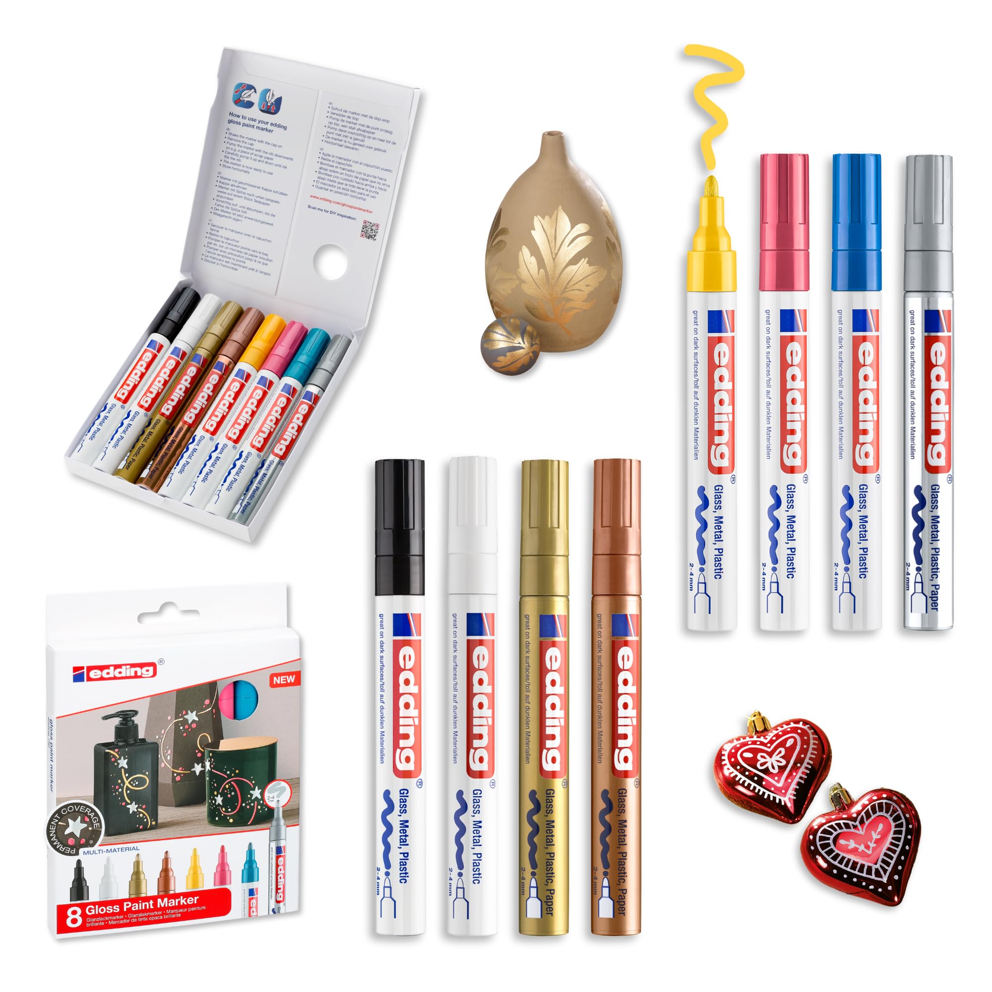 edding 750 marcador de tinta opaca brillante - multicolor - 8 rotuladores - punta redonda 2-4 mm - para vidrio, piedras, madera, plástico, papel - color permanente