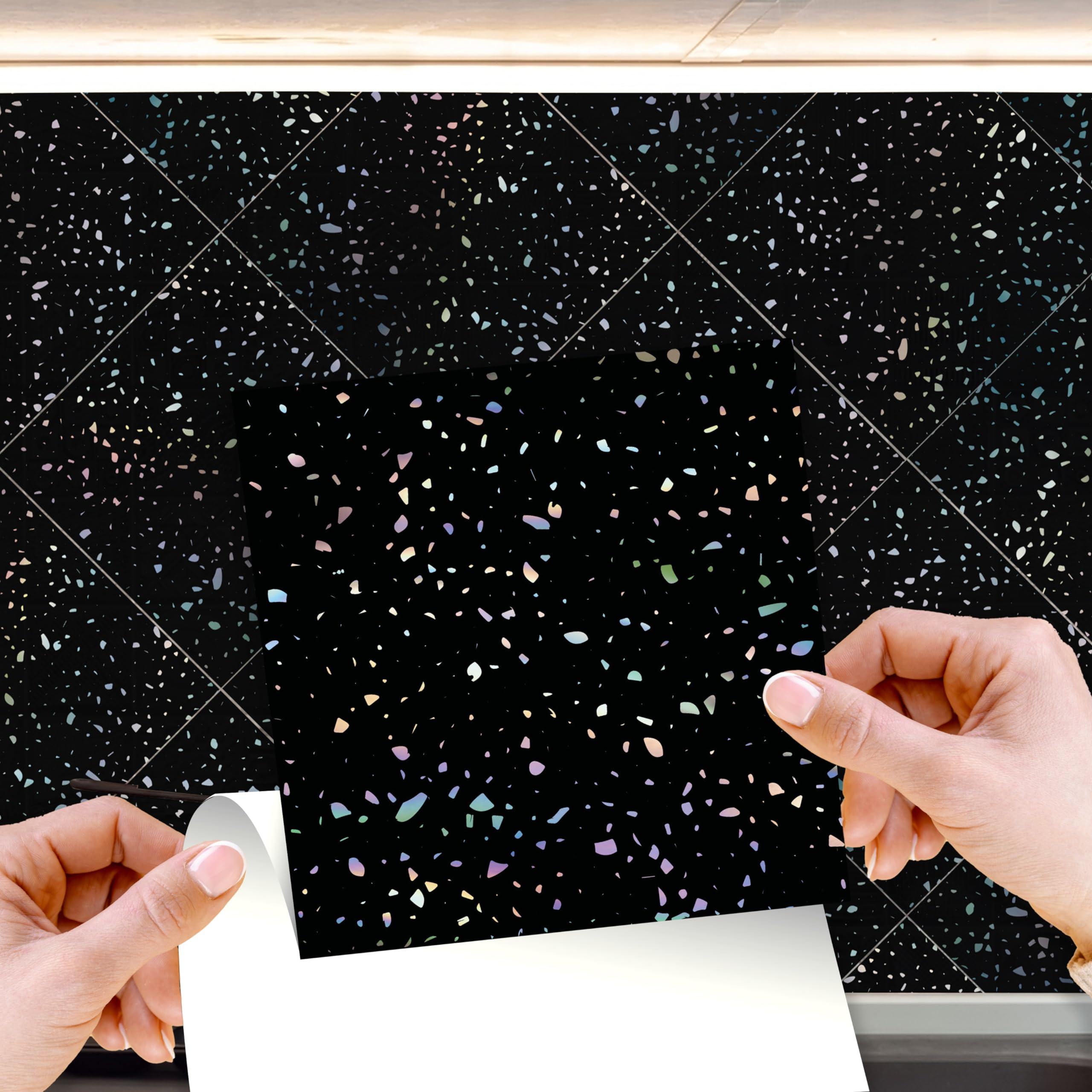 WALPLUS 15cm(6")@120pcs Terrazzo Holographic Glitter Black Wall Tile Sticker Tile Paint Stick on Tiles Peel and Stick Self Adhesive Wall Tiles Stickers for Kitchen Bathroom Tile Transfer Backsplash