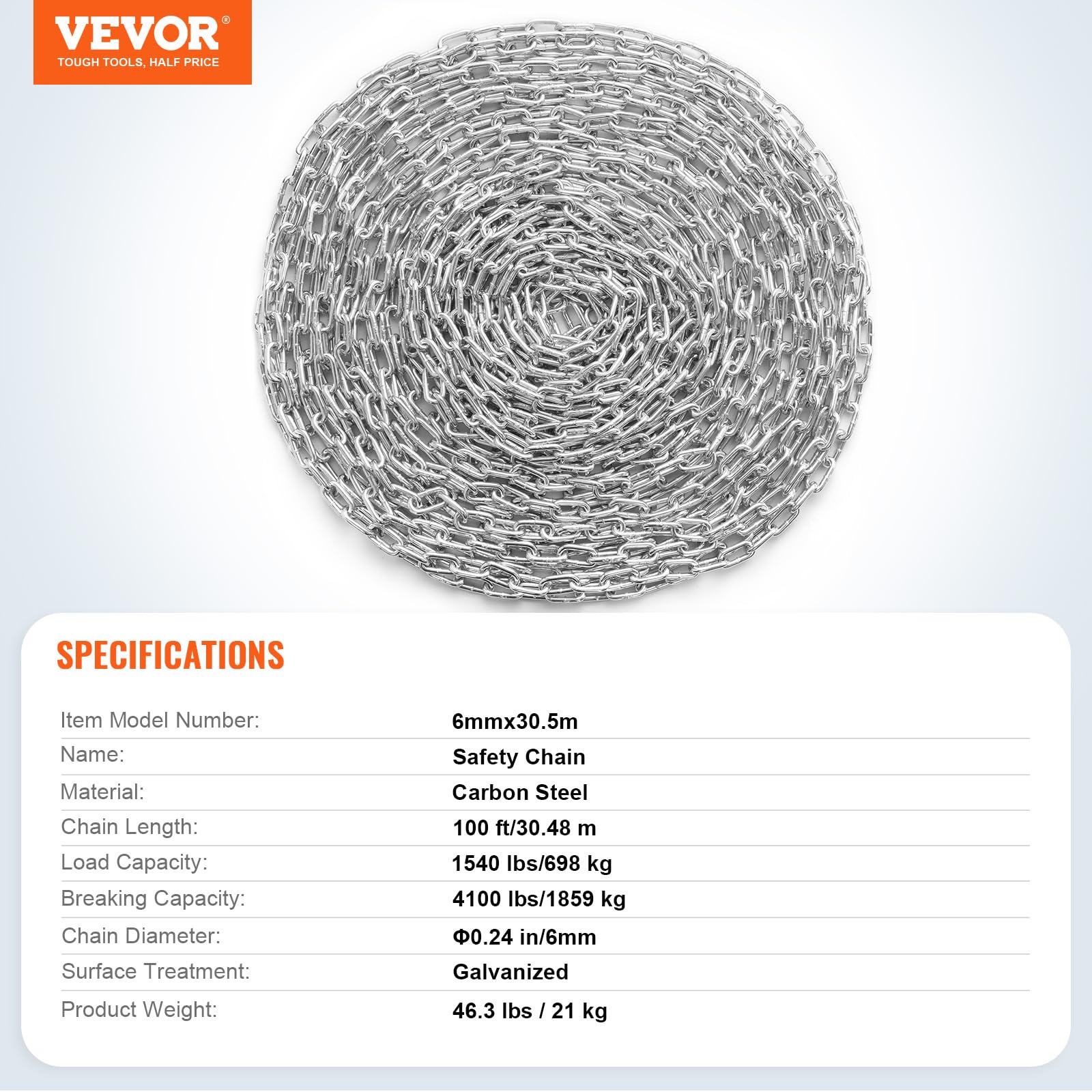VEVOR Cadena de Eslabones de Acero Galvanizado 6 mm x 30.5 m 698 kg
