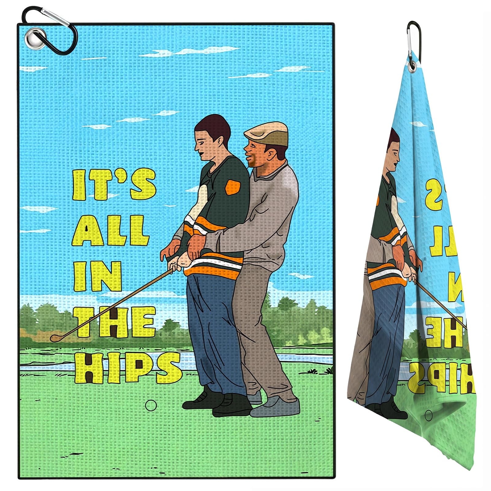 TUKRKRS It's All In The Hips Print Microfiber Golf Towel with Aluminum Hook - 15.7"x23.6" for Golf Buddies Teammates - Quick Dry Absorbent for Cleaning Clubs Balls Hands