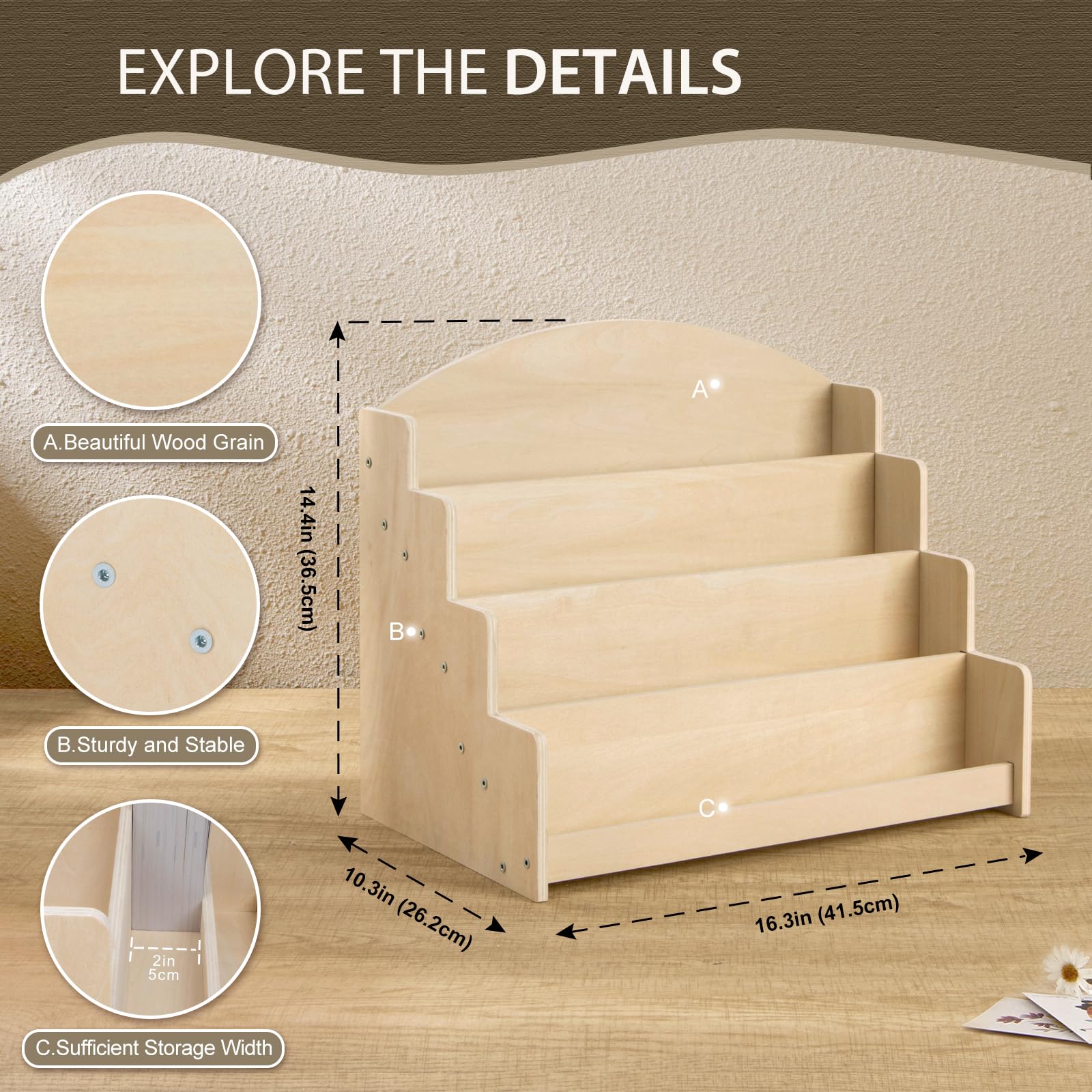 PUERSI Greeting Card Display Stand Holder Rack Organizer, for Postcard Sticker Vendors Retail 4 Tier Wooden Card Display Stand, Beige - Image 2