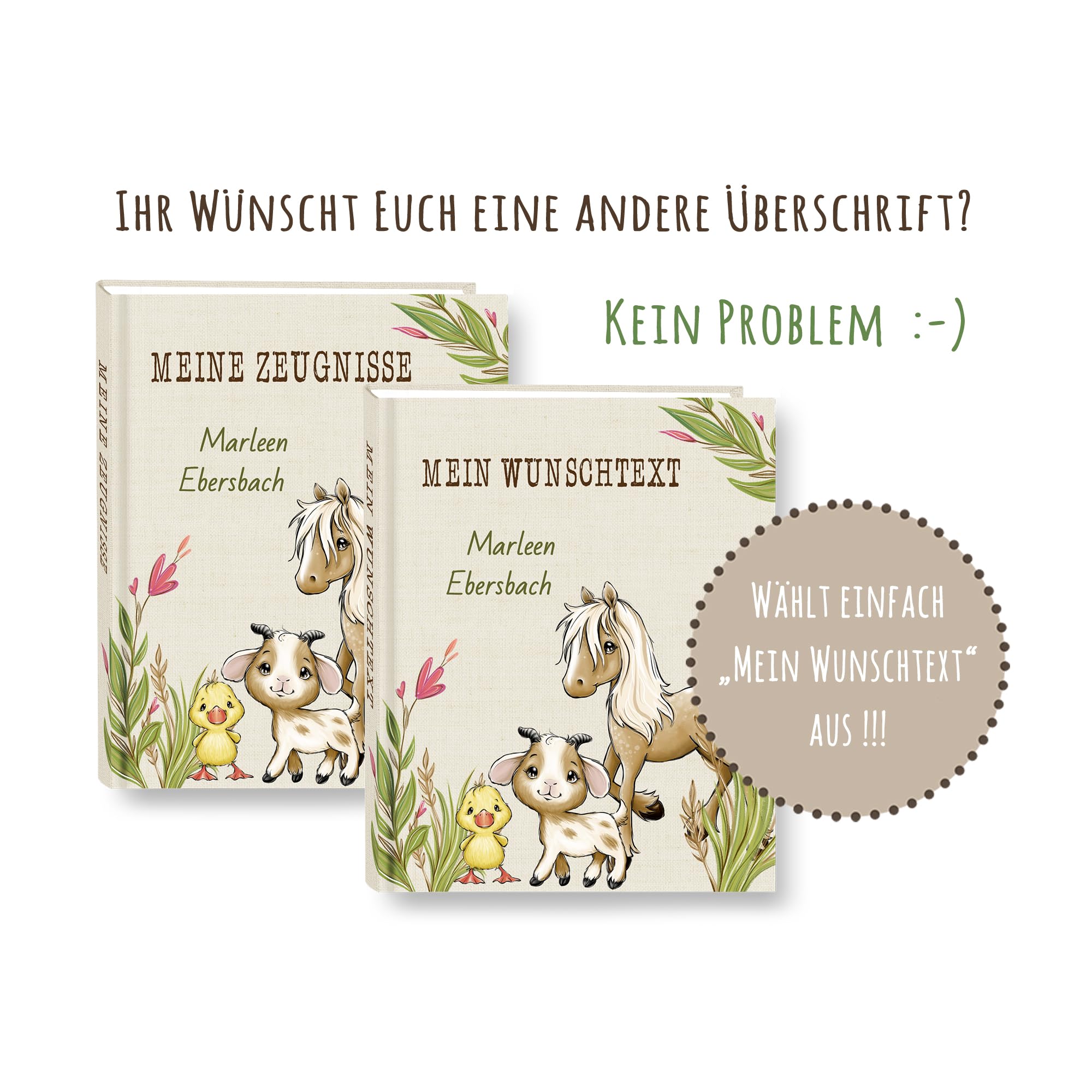 Zeugnismappe personalisiert Farm in 6 Motiven A4 ca. 31x24 cm Zeugnisbuch Urkundenmappe Einschulung Schulanfang Pferd Ente Kuh Ziege Ferkel