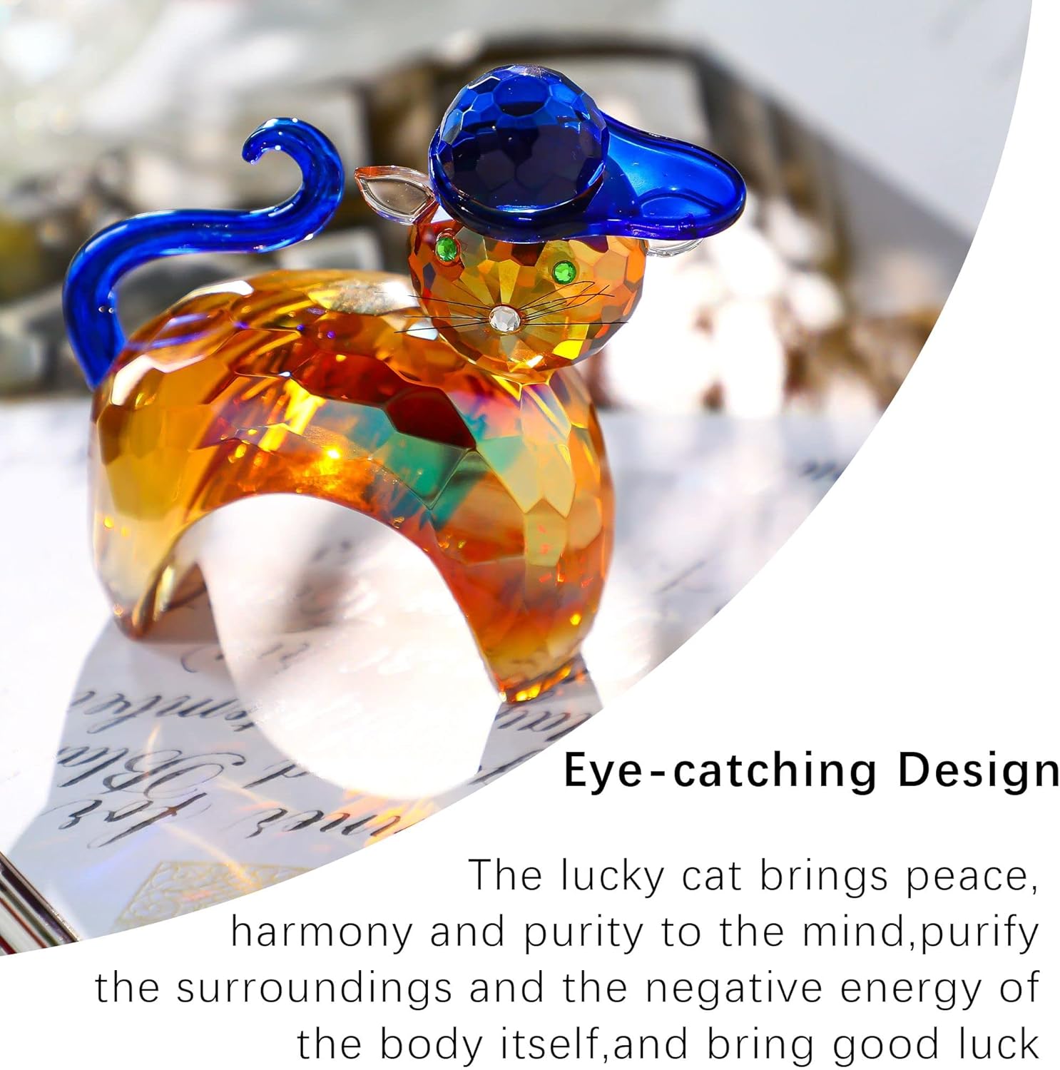 QFkris Crystal Cat Animal Figurines Collectibles Blown Glass Art Kitten Sculpture Christmas Ornament(Champagne)