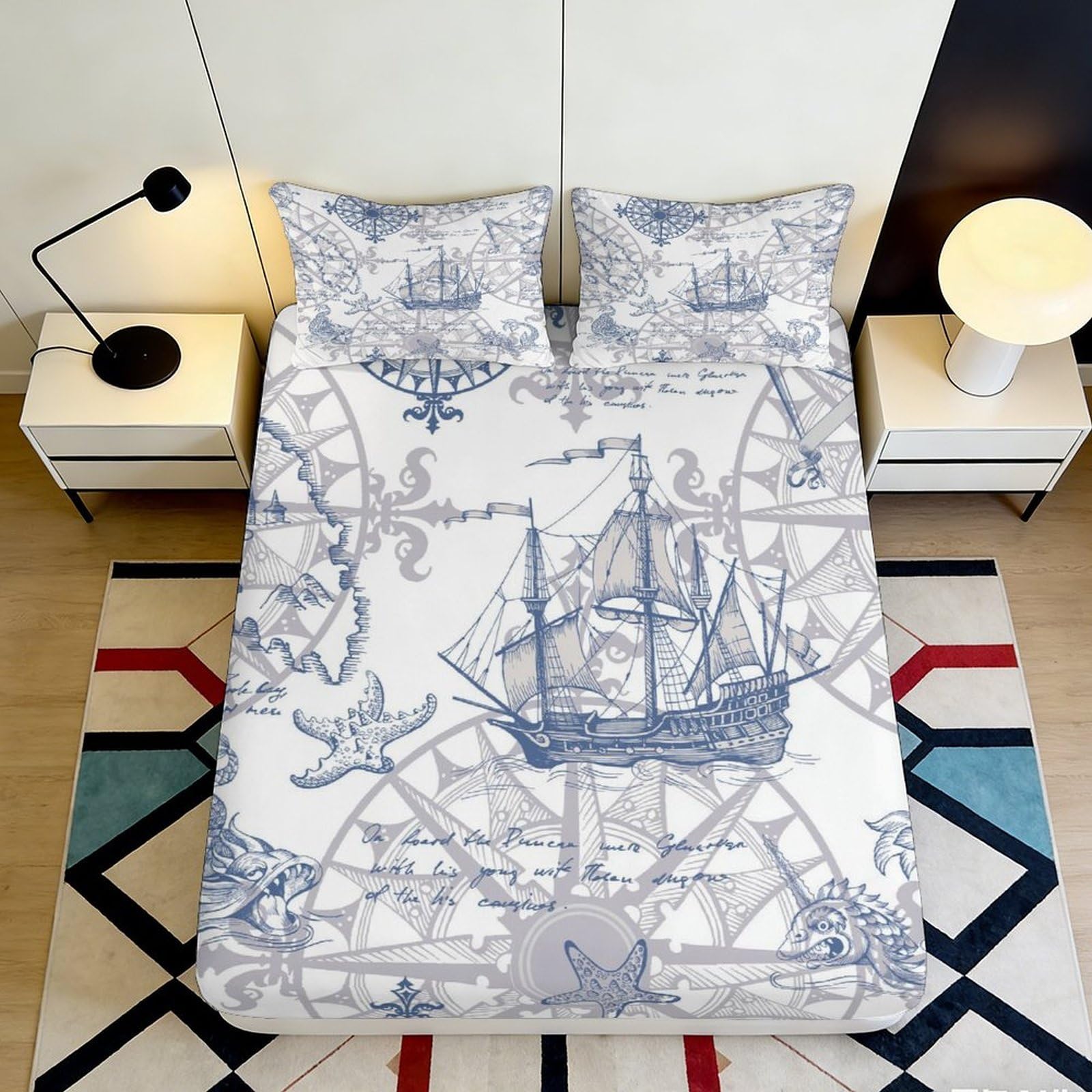 Pnayamiorkfel Style-6 3D Printed Nautical Ship Fitted Sheet Microfiber Soft Anti-Slip Compass Ocean Mattress Cover For Bedroom Guest Room Decor 90X200x25cm