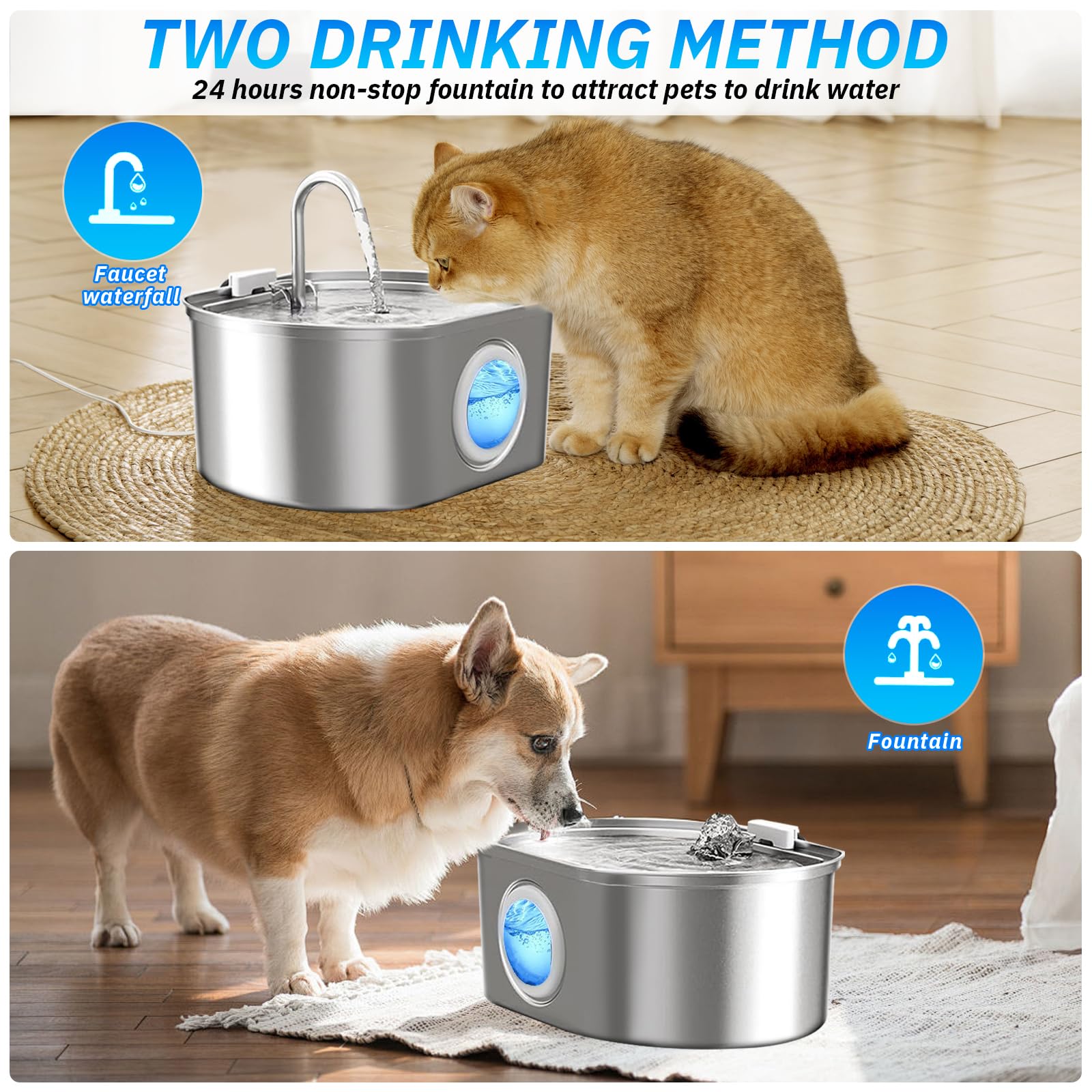 Fontanna ze stali nierdzewnej CAT, 3,2L ultra -duża pojemność -z światłem LED, przezroczyste okno, 3 filtr węgla aktywnego + 3 gąbki, wielokrotna filtracja