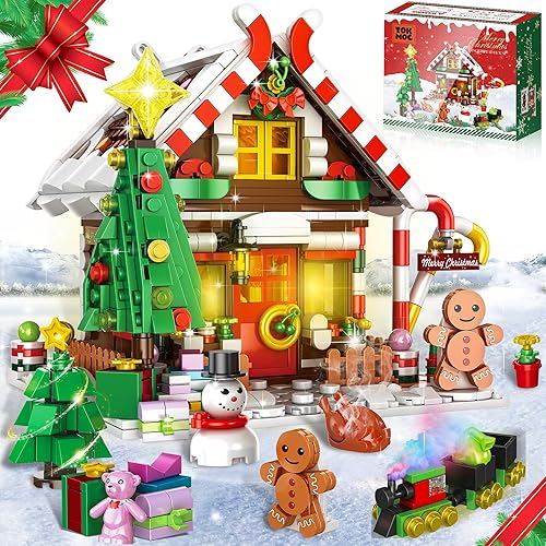 Edificio de casa de pan de jengibre de Navidad, juego de construcción de casa de pueblo navideño, contiene árbol de Navidad y tren, juguete de