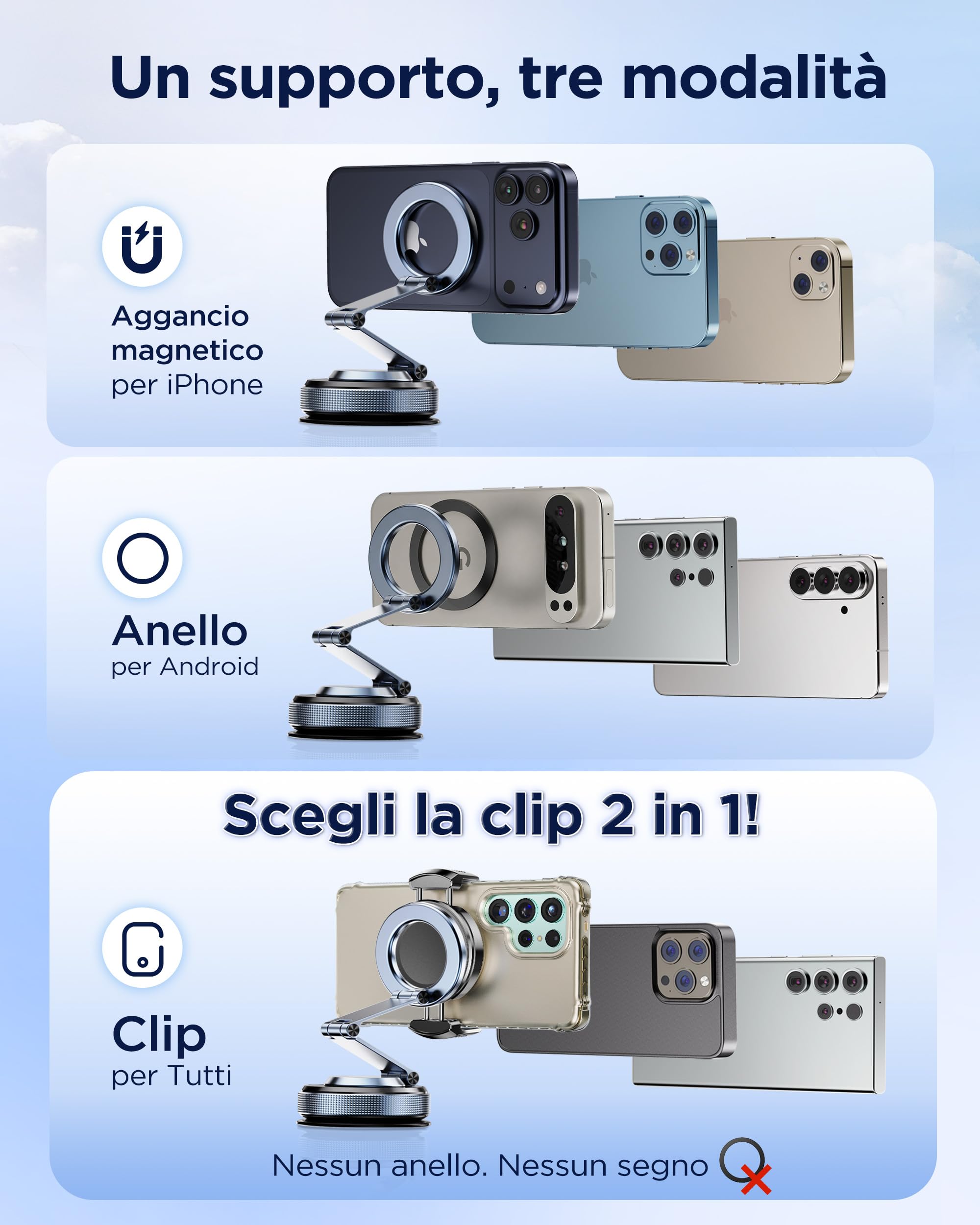 MSXTTLY Supporto Magnetico Auto con Clip Adattatore, Vmag-S3 Braccio Lungo + Clip, Senza MagSafe, Senza Anello, Posizione Flessibile, per iPhone e Android