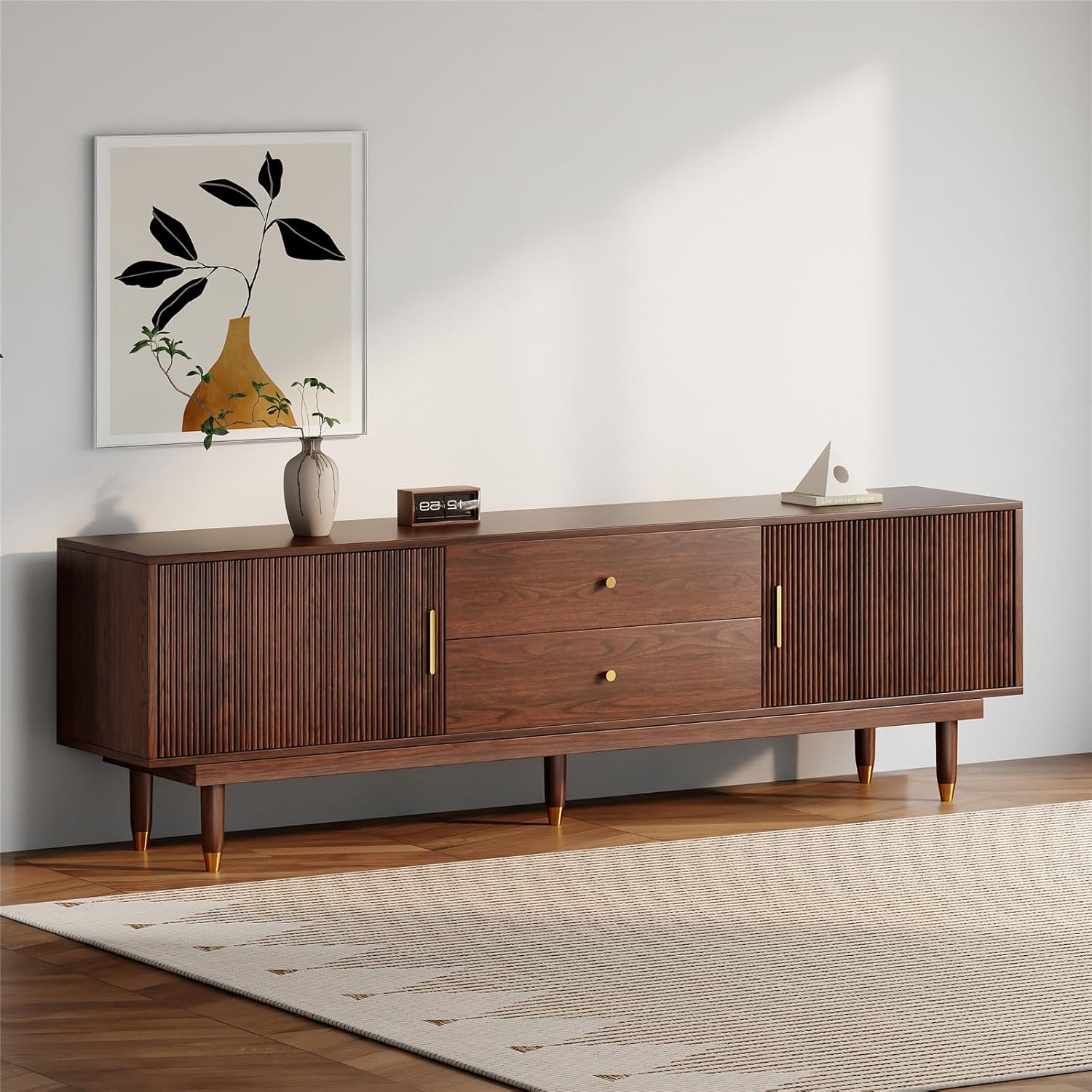 Mid Century Modern TV Stand for 75 inch TV, 66.9" Walnut TV Console with 2 Storage Cabinet & 2 Drawers, Entertainment Center, Media Console for Living Room/Bedroom