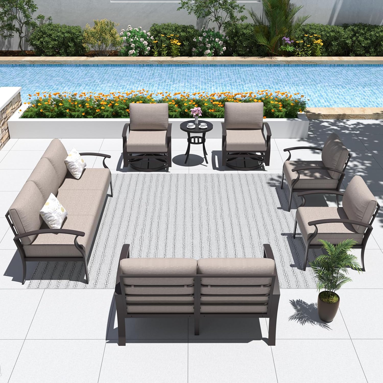 ALAULM Aluminum Patio Furniture Set with 2 Swivel Rocking Sofas 9-seat Metal Outdoor Furniture Patio Conversation Set w/5.1" Cushions for Patio, Backyard, Poolside-Sand