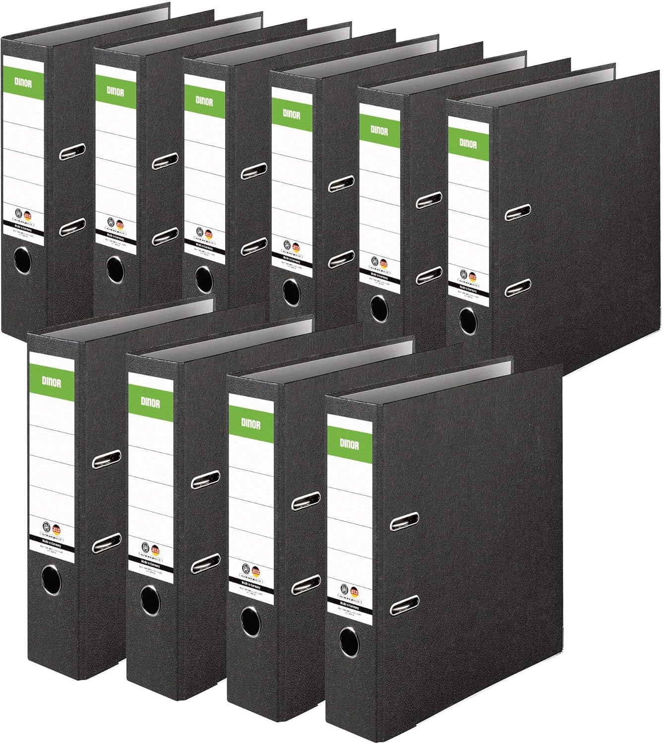 DINOR Lot de 10 classeurs en marbre nuageux recyclés - Fabriqué en Allemagne - 8 cm de large - Format A4 - Noir - Classeur à lettres - Classeur à fente - Barre verte - Ange bleu