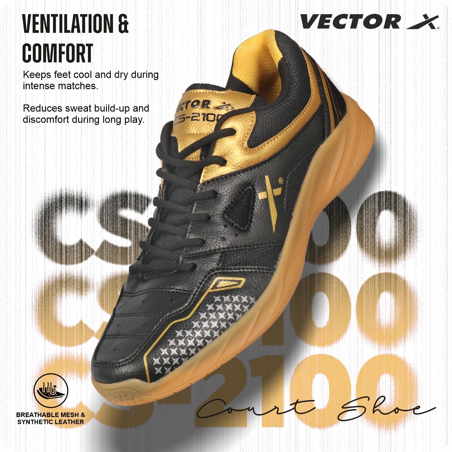 Vector X CS-2100 Badminton & Tennis Court Sports Indoor Shoes|Synthetic Leather & Breathable Mesh give additional support to the toe area|Rubber Outsole|Flexible & Durable|for Young Players Boys men