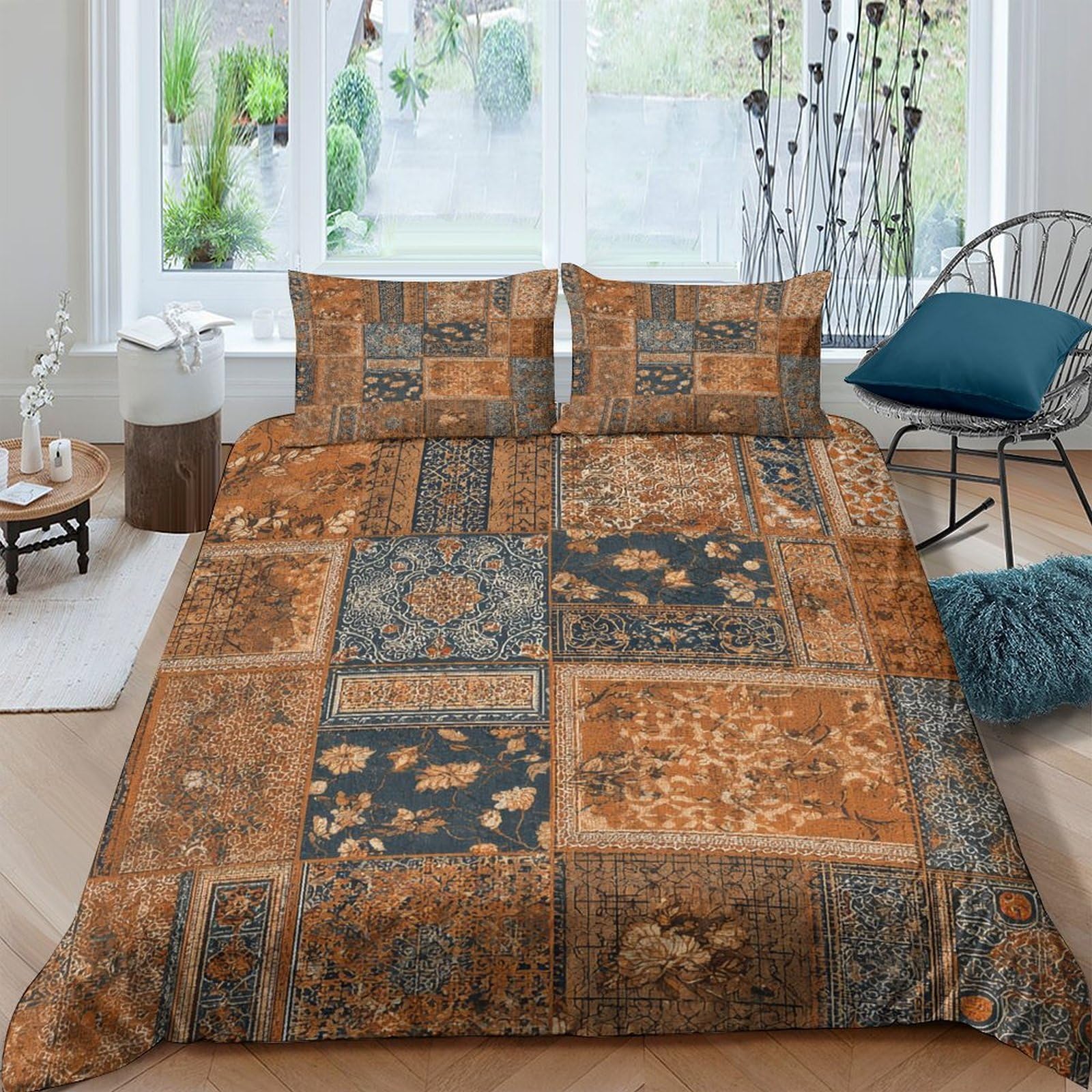 GPLZQXKJNH 3D Printed Patchwork Vintage Duvet Cover Microfiber Breathable Boho Ethnic Quilt Cover Set with 2 Pillowcases for Bedroom Home Single（135x200cm）