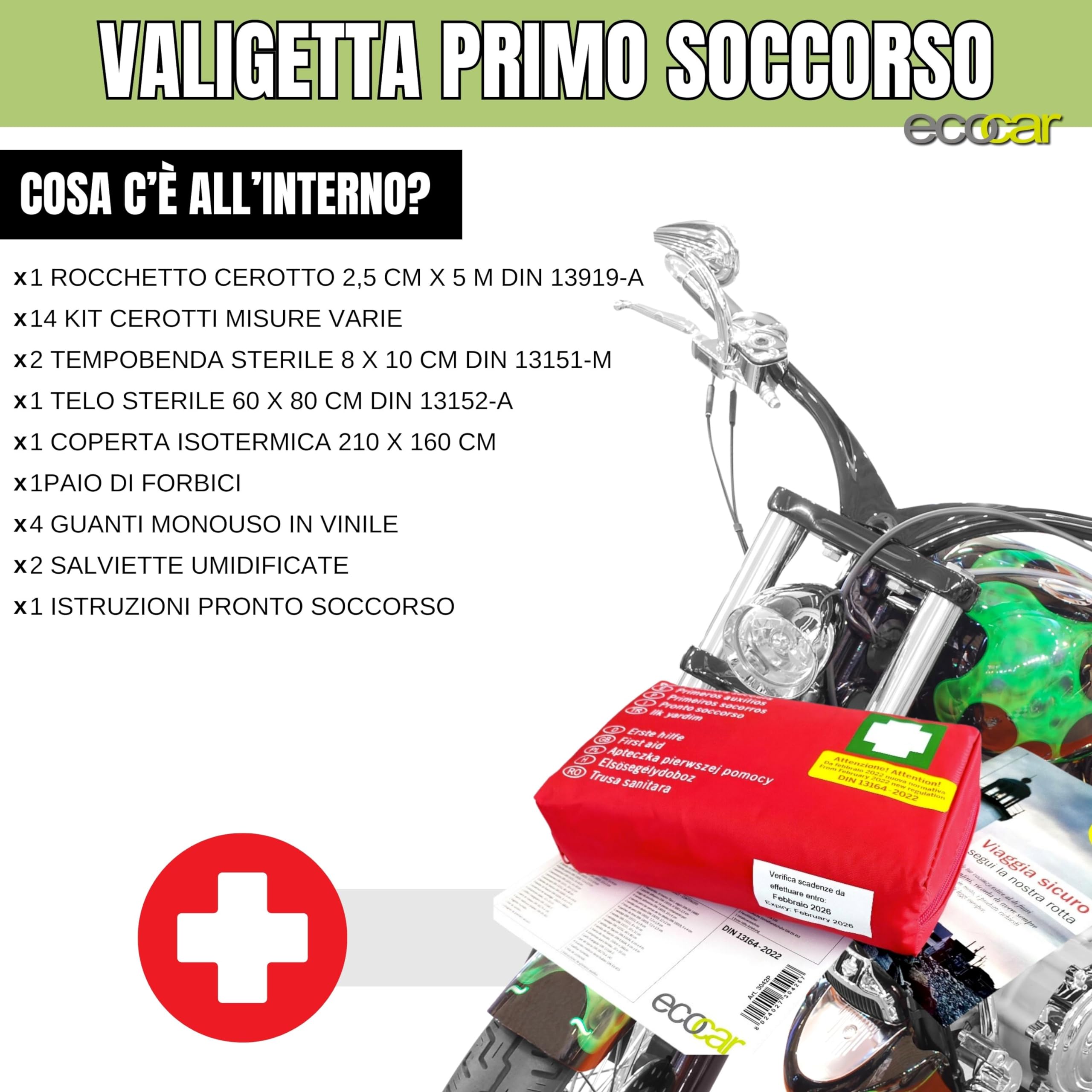 ecocar - Kit Accesorios Moto, Emergencia, Herramientas de Seguridad, Slime Reparación de Gomas, Maletín Primeros Auxilios, Chaleco Reflectante