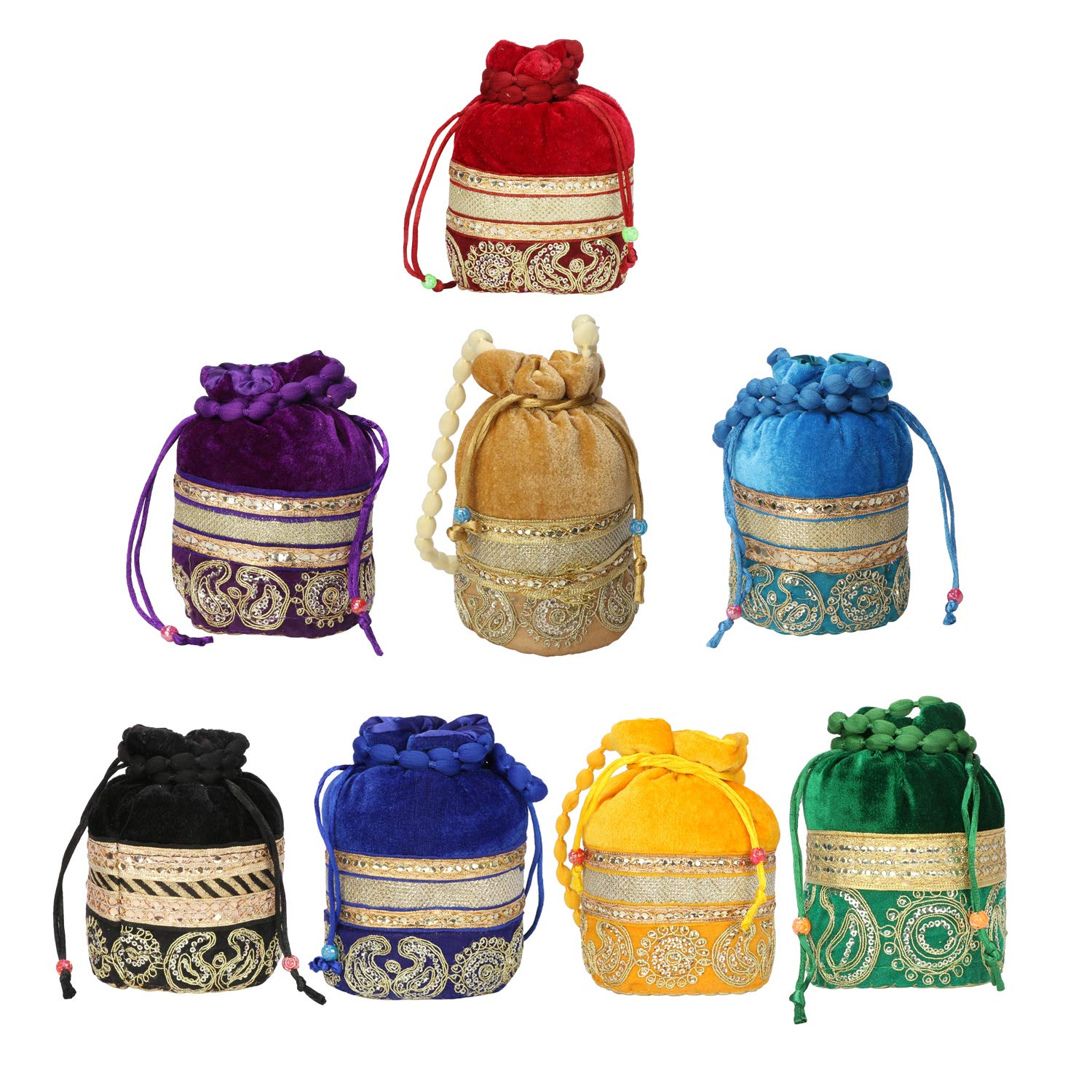 Suman EnterprisesIndian Velvet Potli (Pack of 8 Potli Bag in assorted colors), Jwelery Pouch, Coins Pouch, Small