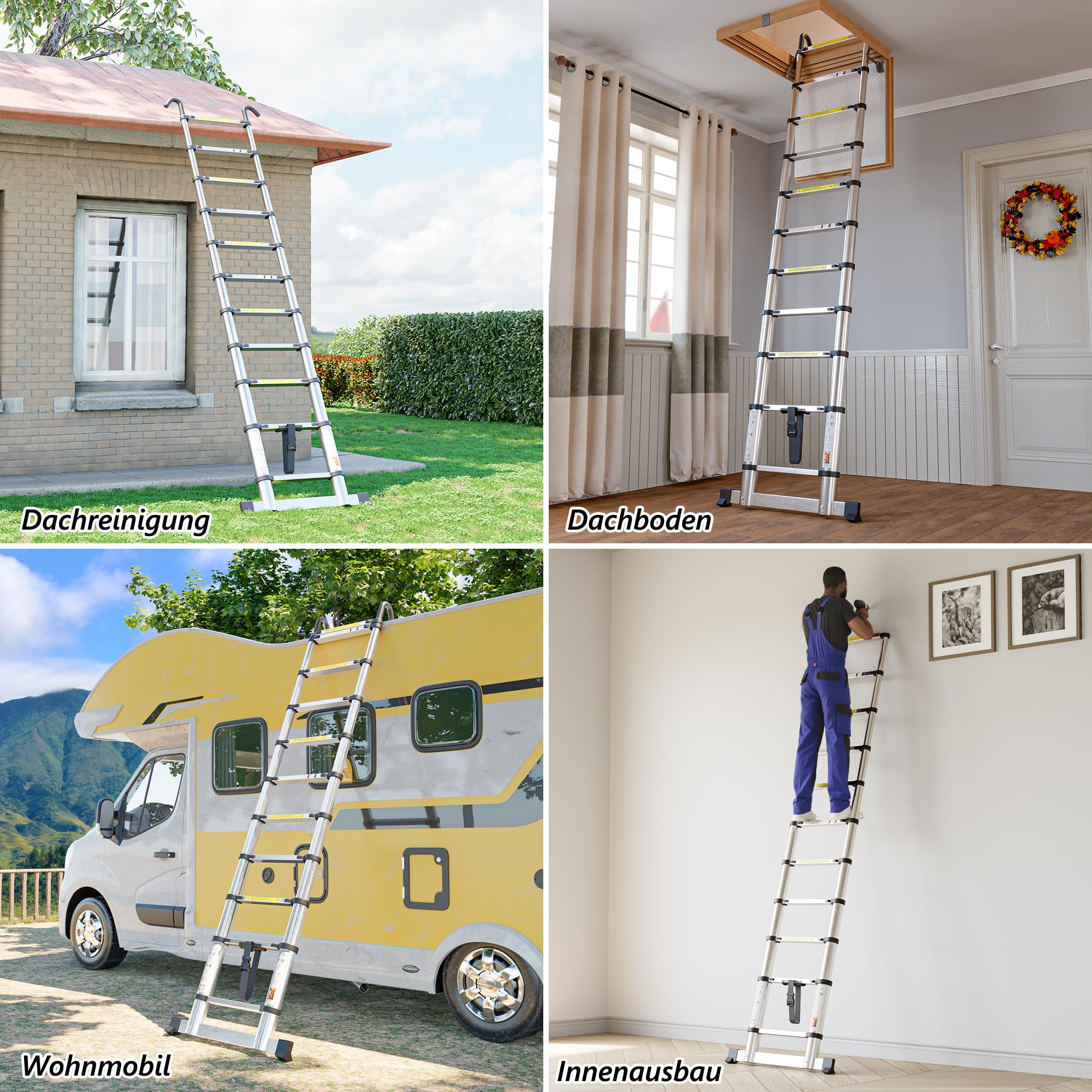 SIMPDIY 4,1M Teleskopleiter, Aluleiter ausziehbar mit Stabilisator, Leiter Ausziehbar mit Haken, 14 Sprossen, für Hause, Wohnmobil und Freien, Tragkraft 150 kg