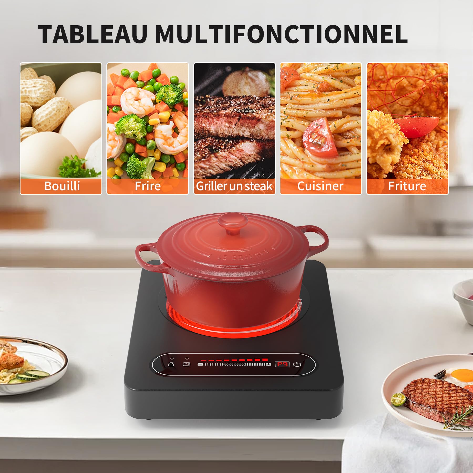 VBGK Plaque Vitrocéramique 1 Feu, 220V 2000W Plaques de Cuisson, Plaques Électrique avec Commande Tactile Led, 9 Niveaux de Puissance, Minuterie, Verrouillage de SéCurité, Geeignet für Alle Töpfe