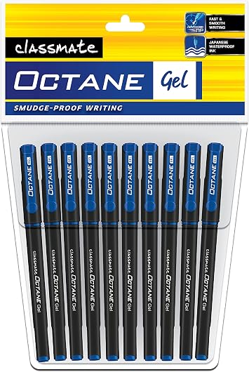 Classmate Octane- Blue Gel Pens Pack of 10|Smooth Writing Pens|Water-proof ink for smudge-free writing|Preferred by Students for Exam & Class notes|Study at home essentials