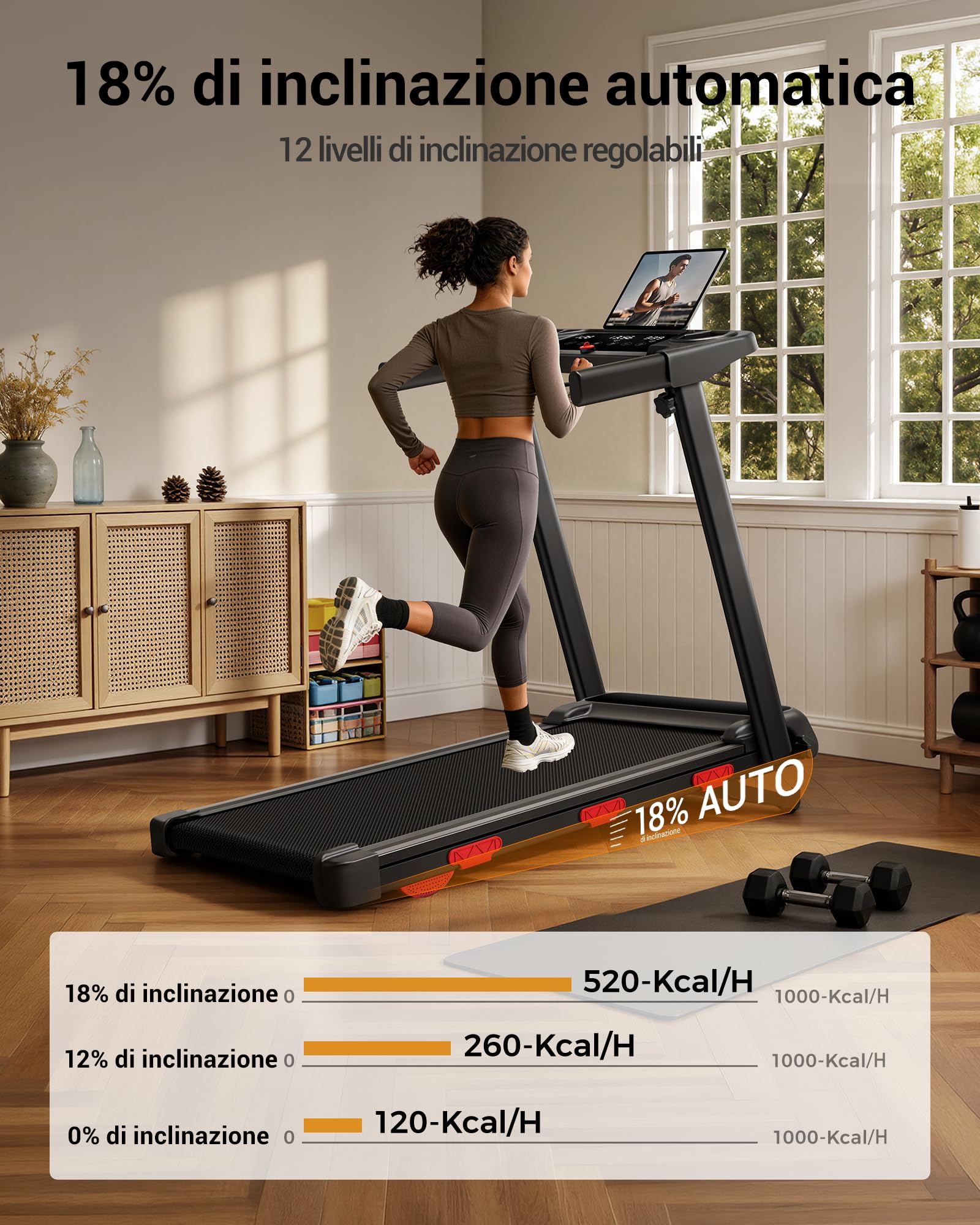 UMAY Tapis Roulant con Inclinazione 18% Automatica, 12KM/H, 160 KG | Tapis Roulant Elettrico, 3,0 HP Tapirulan Pieghevole per Casa e Ufficio
