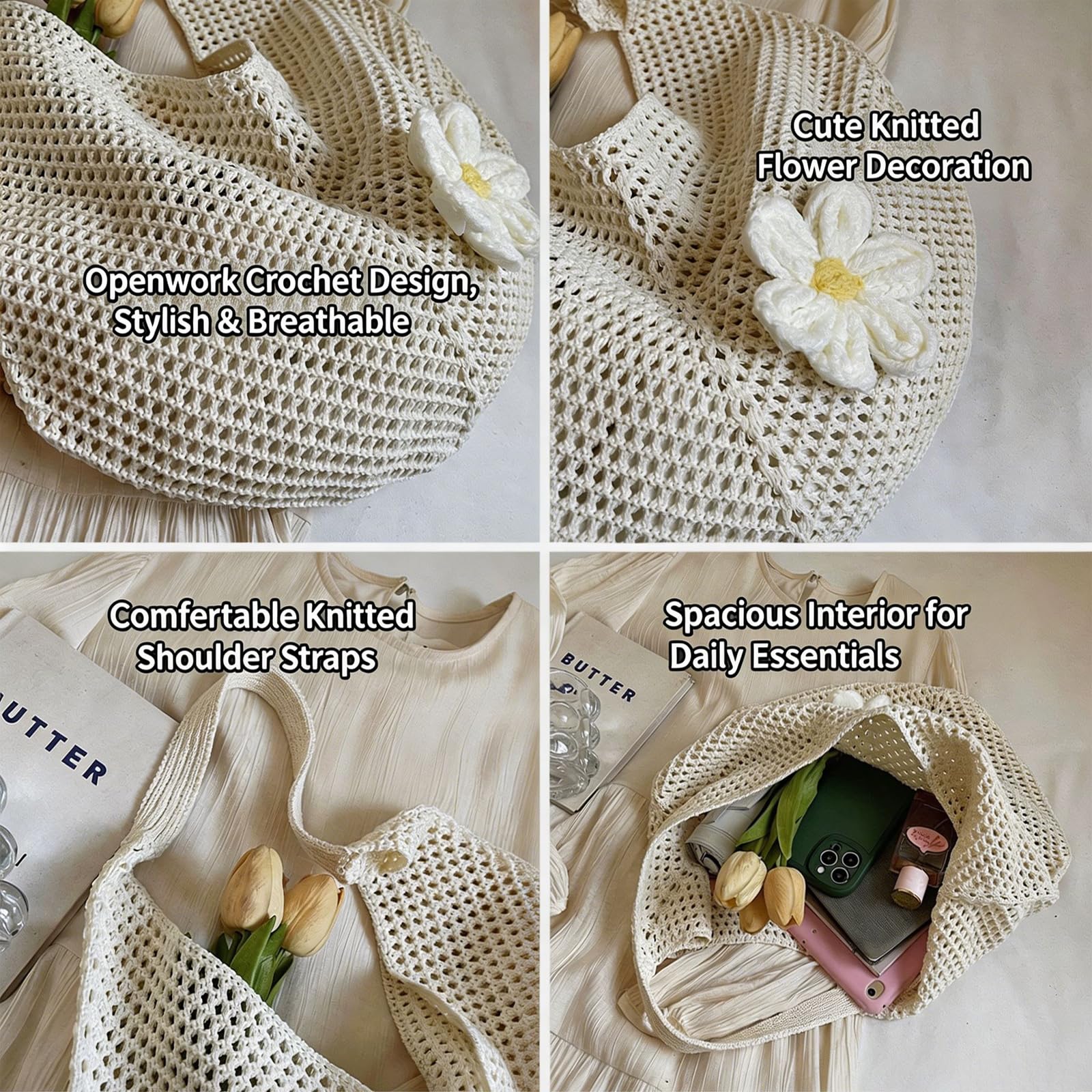 Bolso Ganchillo Mujer con Flores, Bolsa Playa de Malla Transpirable, Bolso Verano Mujer Boho con Gran Capacidad para Compras y Playa