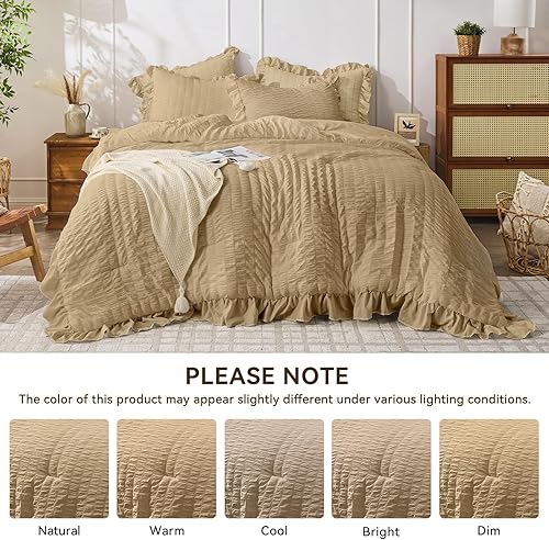 Miniatura 179 de JOLLYVOGUE - Juego de edredón tamaño queen, de 3 piezas, estilo seersucker, ligero y esponjoso para todas las estaciones, con 1 edredón con volantes
