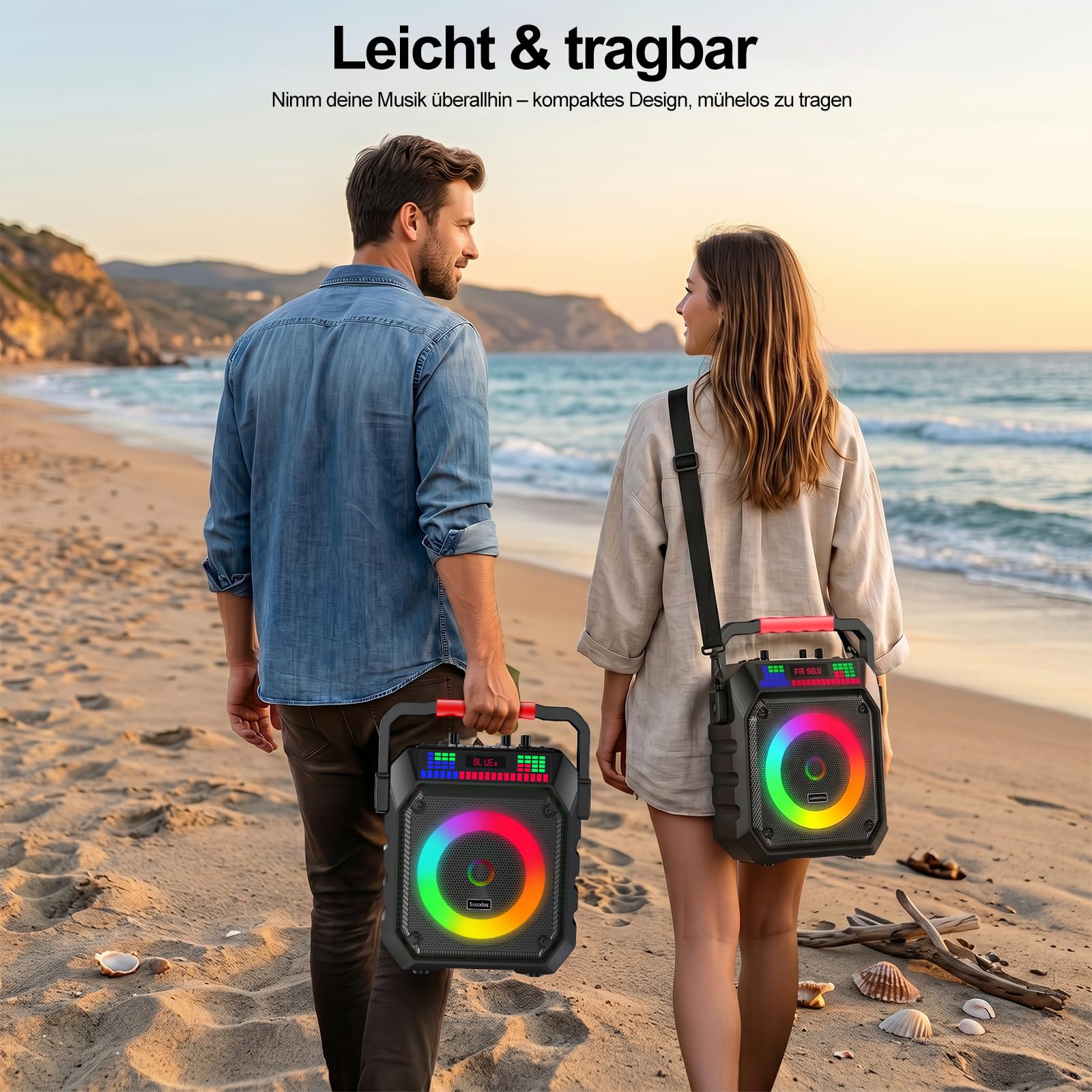 Karaoke Box mit 2 Mikrofonen für Erwachsene & Kinder | 5200mAh Akku für 12h Laufzeit, Echo, RGB-Lichter, Bluetooth, USB/TF-Aufnahme, Mic-Eingang – leichtes 2kg Party-Soundsystem