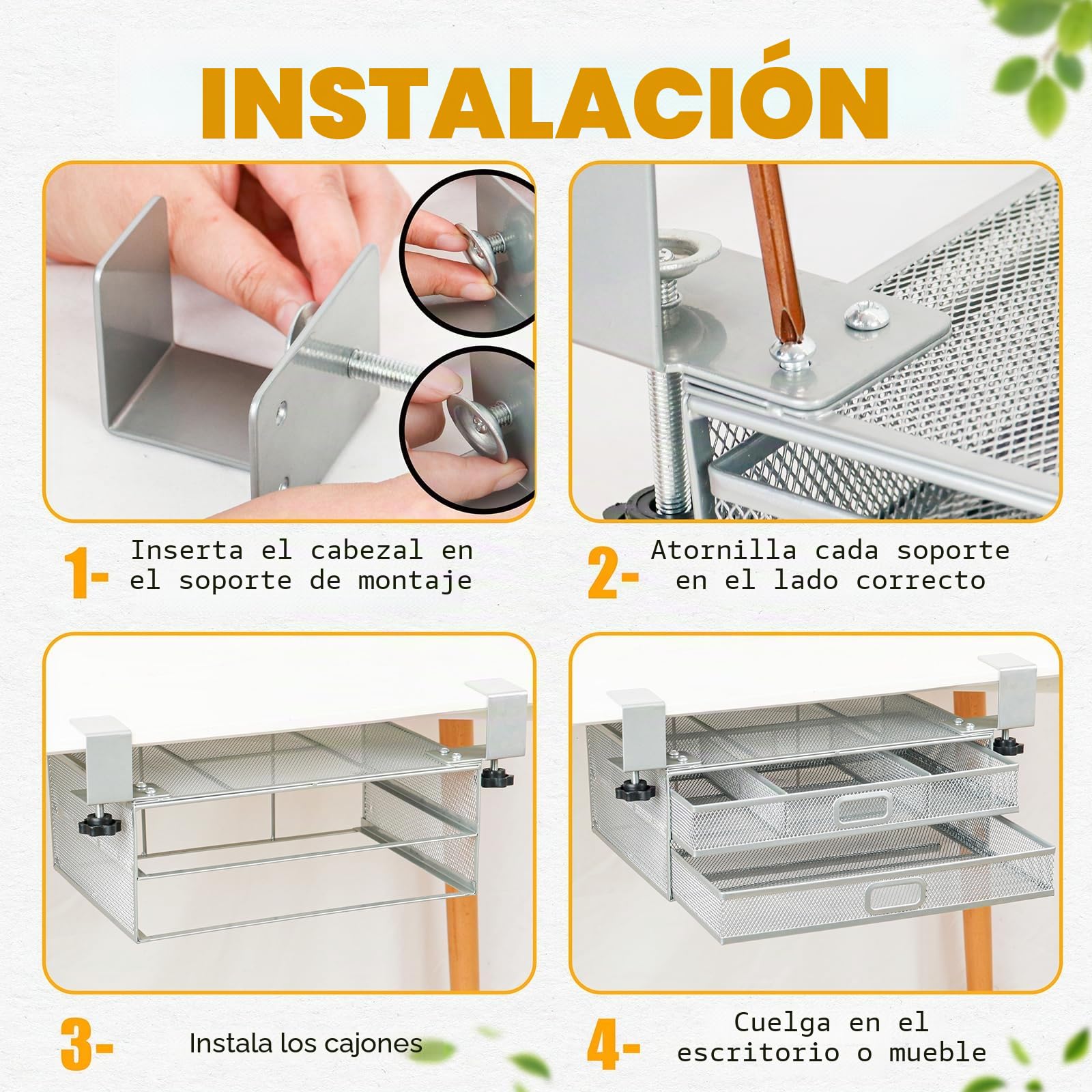 Cajón bajo escritorio reforzado - 2 cajones deslizantes A4 - Organizador de almacenamiento de metal (GRIS)