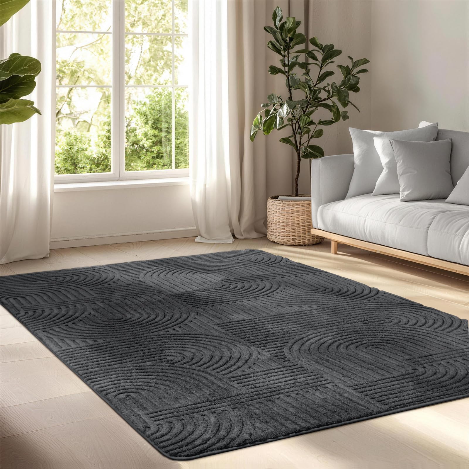 BYBSRLL Rugs Living Room 160x230 cm, Dark Grey Washable Soft Touch & Non-Slip Rugs for Bedroom, Modern Geometric Thick Pile Rug Floor Carpet for Bedroom Dining Room Office Lounge, Curve