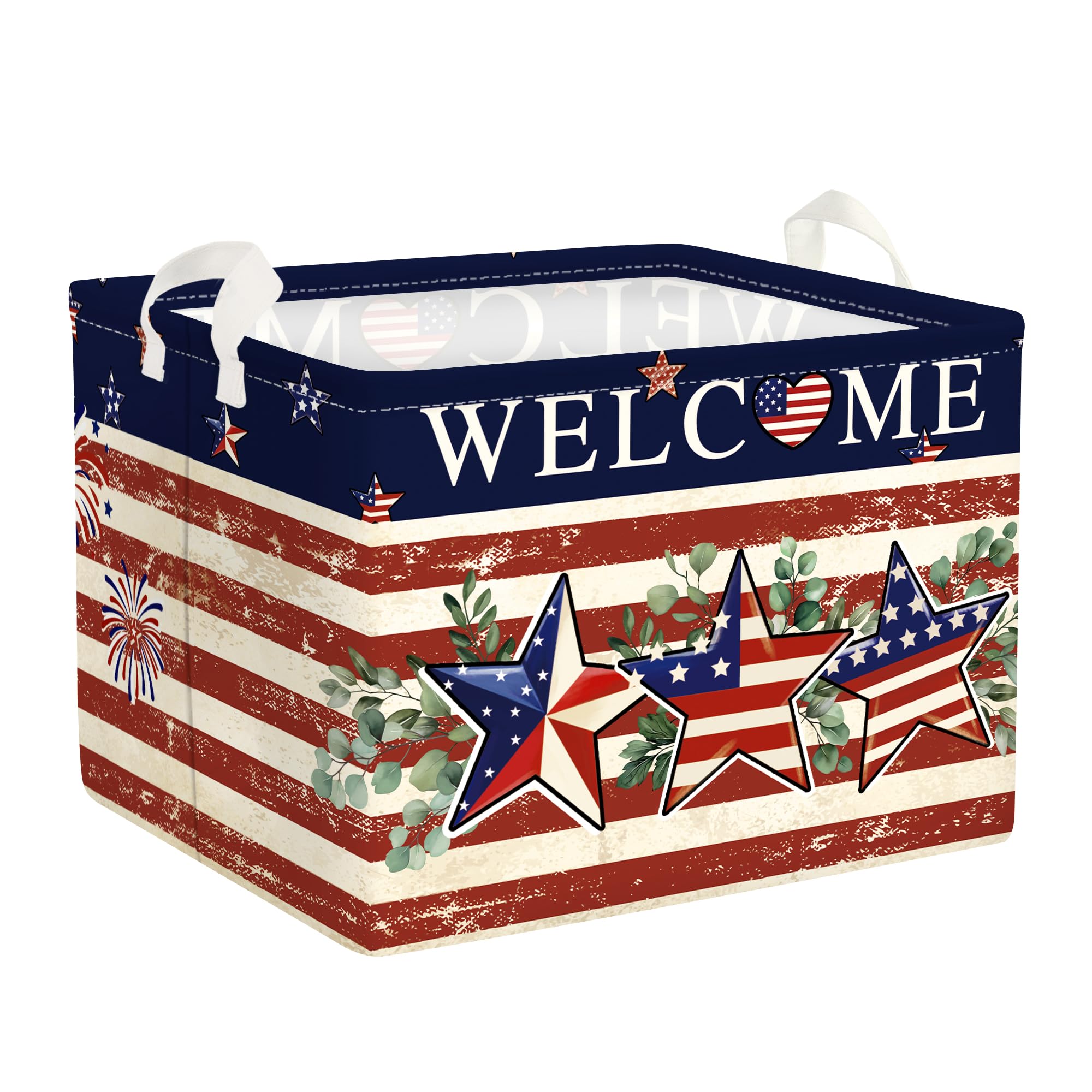 HUUMONSS Memorial Independence Day Baby Gift Basket Empty Retro America Flag Patriotic Storage Bin Gnome Rectangle Clothes Toy Book Shelf Basket,