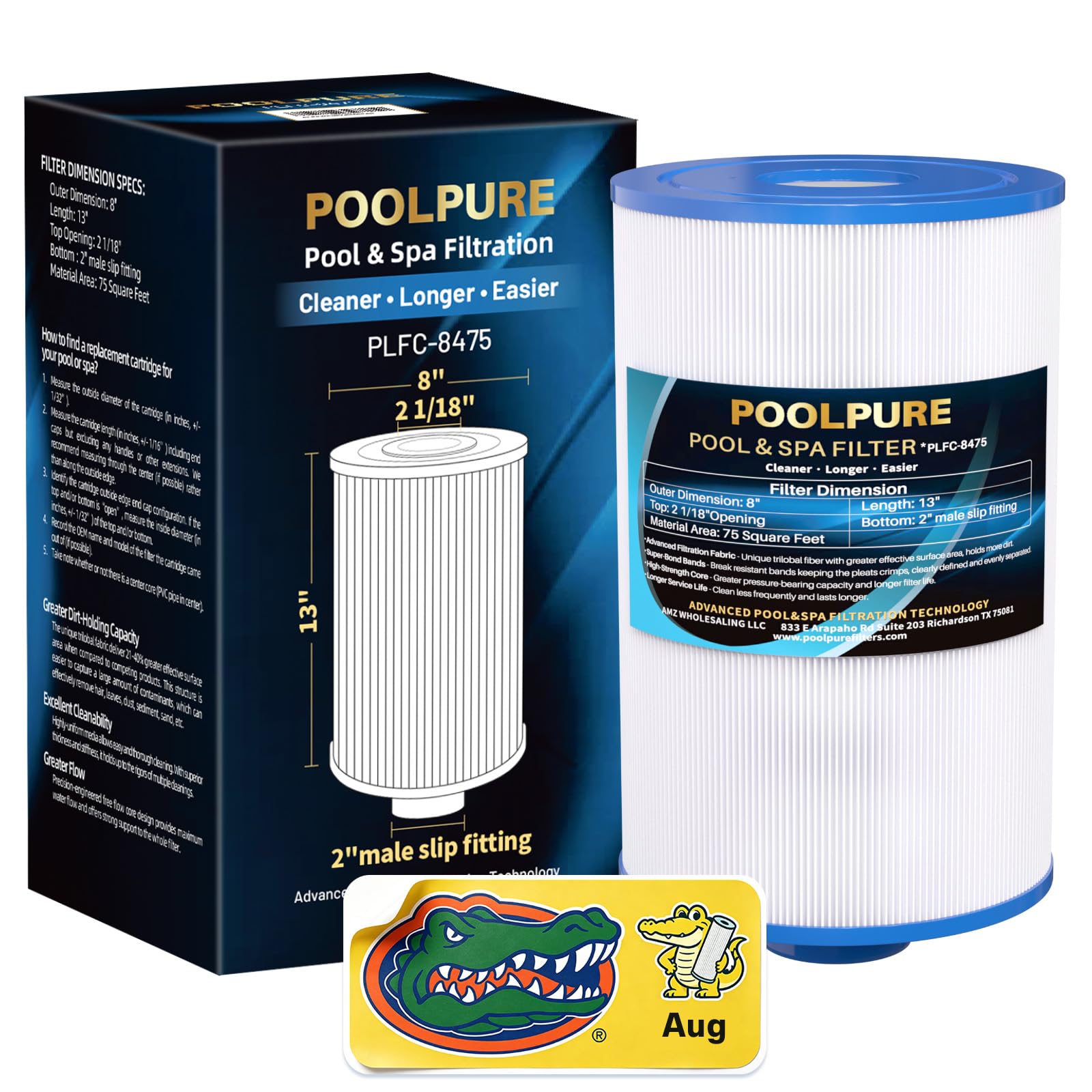 POOLPURE PCS75N - Filtro de spa sustituye a Unicel C-8475, Filbur FC-3320, Coleman Spas 75, 100594, 3301-2262, cartucho de filtro de bañera de hidromasaje de 8 x 13