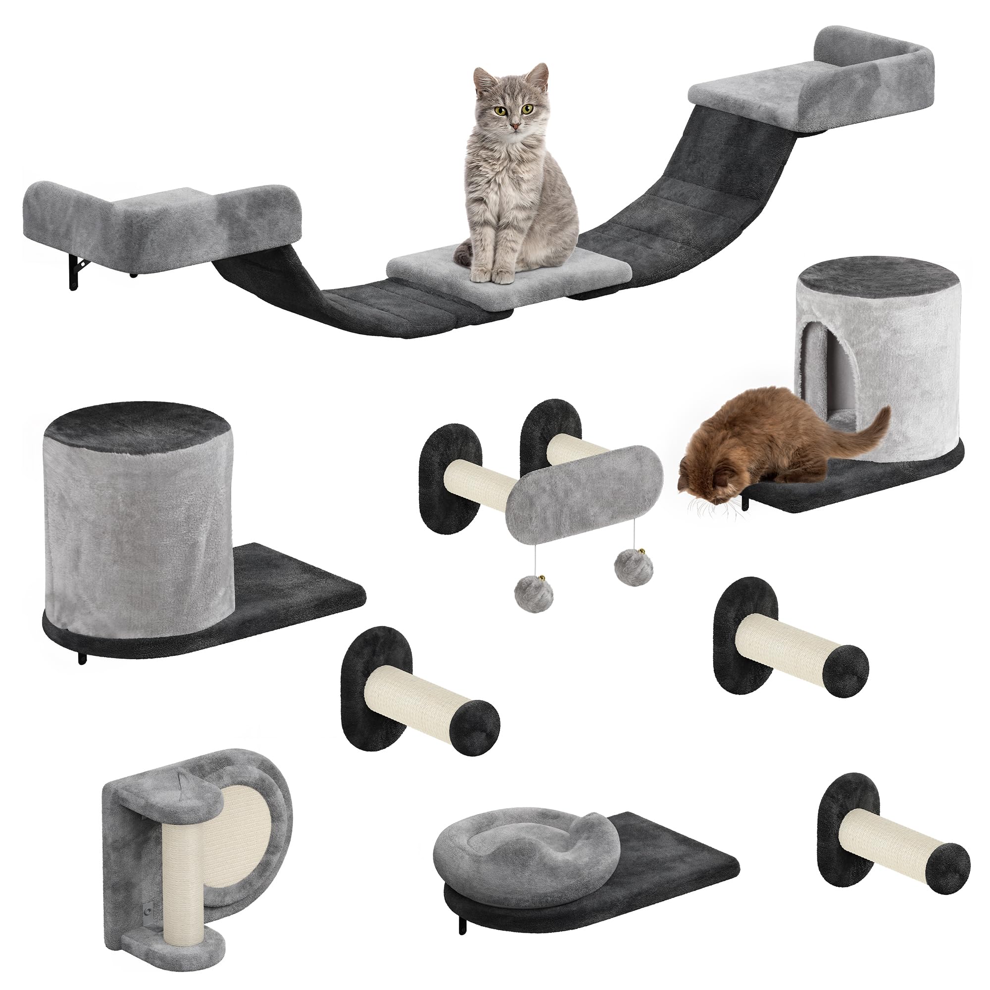 YITAHOME 11-Teiliges Stabiler Kletterwand Katzen Set aus Flanell, Katzenmöbel mit Katzenhaus, Katzenkratzbrett, Katzenhängebrücke, Katzenbett, Sisalsäule für Katze Schlafen Spielen Lounging