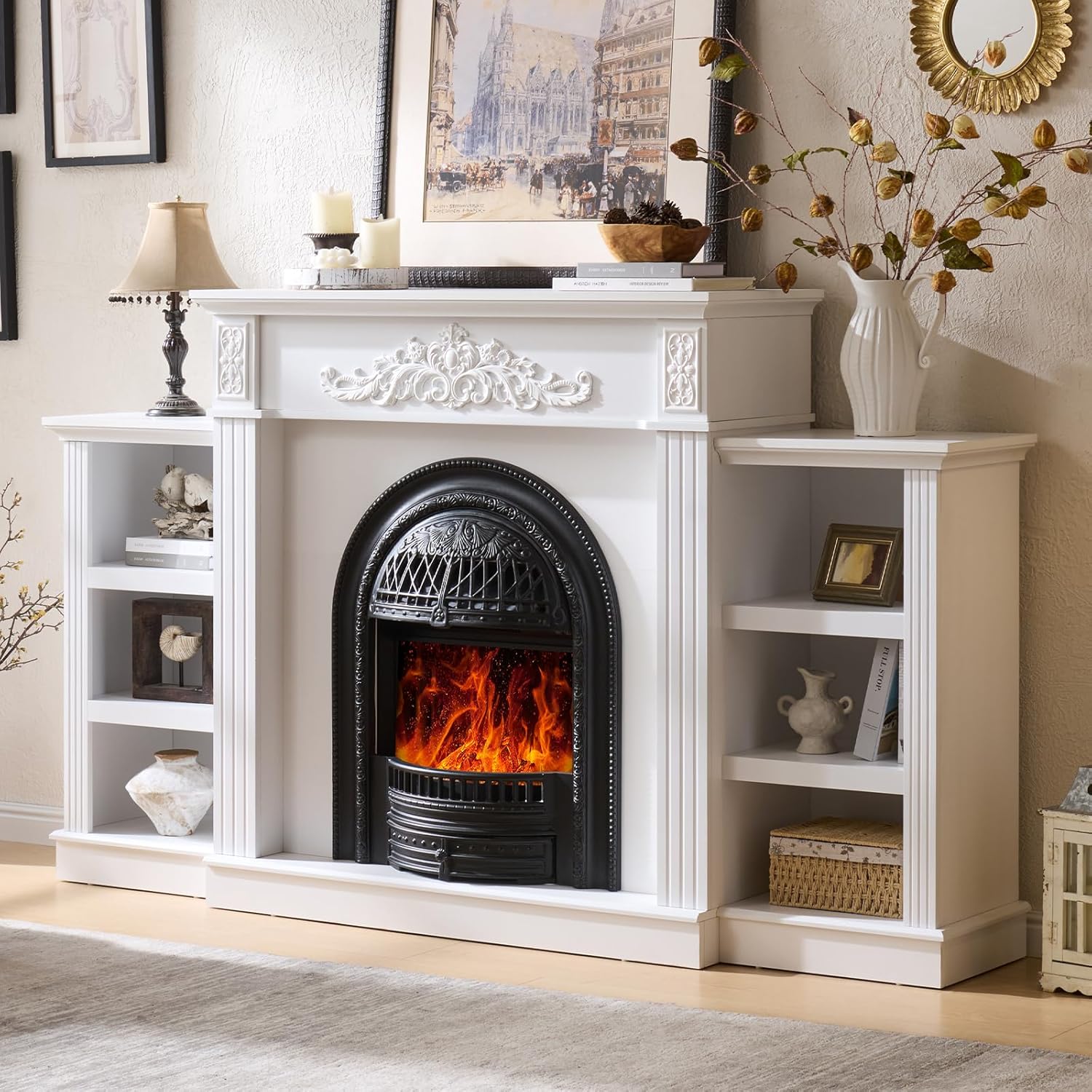 78" Electric Fireplace with Mantel, Electric Fireplace Heater Entertainment Center with Storage, TV Stand for TVs Up to 90 Inch, Stacked Stone Surround 30'' Fireplace Insert Heater Living Room-White