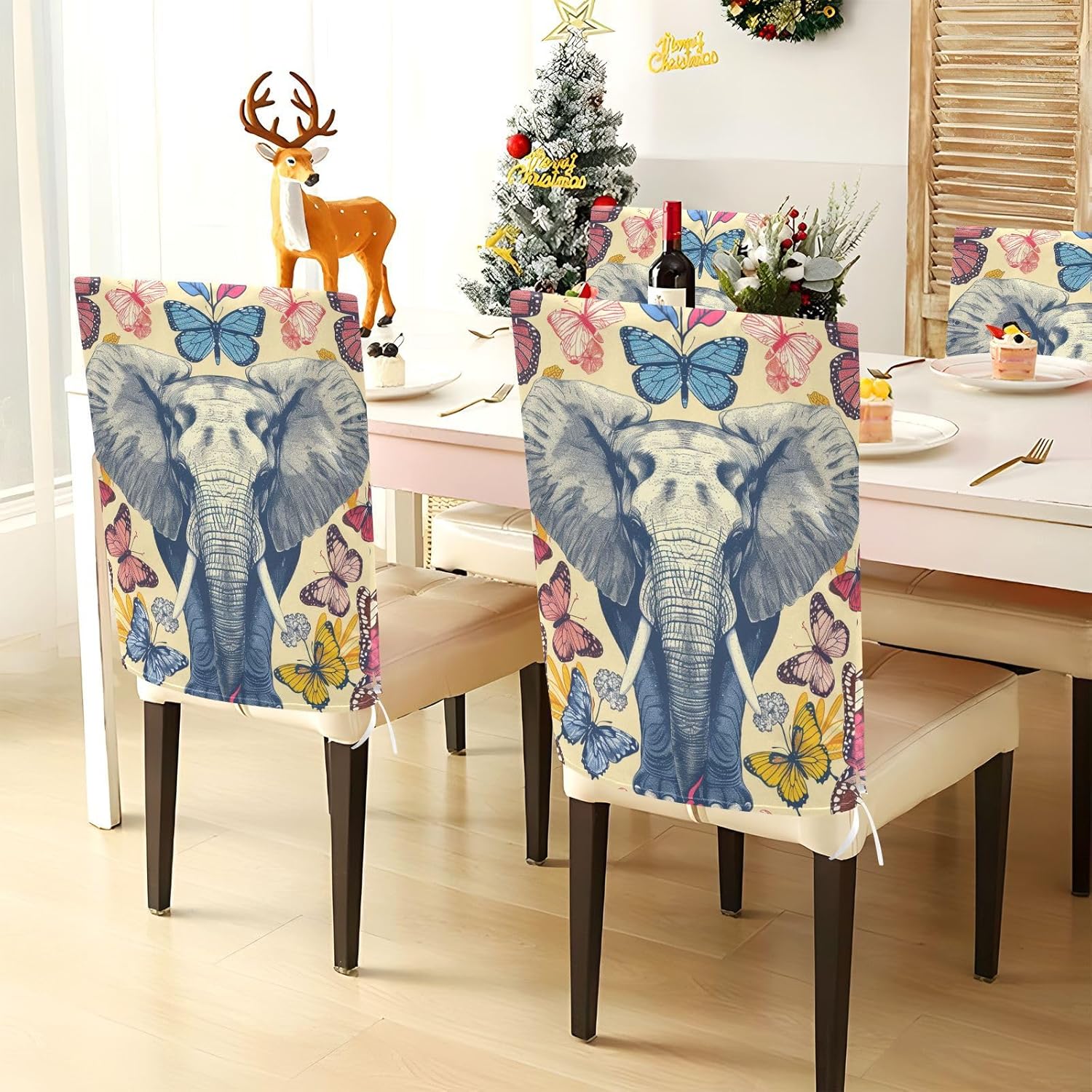 ALAZA Vintage Elephant Butterfly Chair Back Cover Set of 6, Washable Reusable Removable Chair Slipcovers Decorative Chair Cover for Home Kitchen Wedding Party