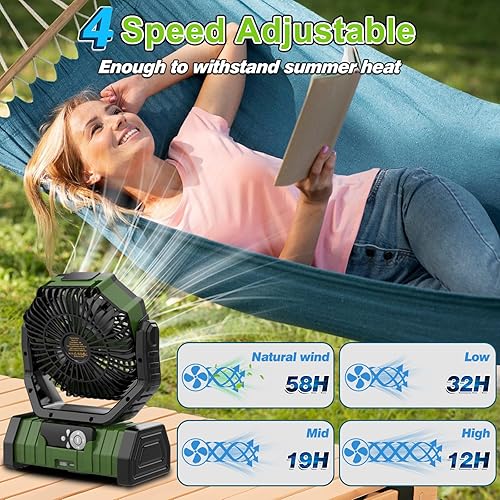 Miniatura 3 de Ventilador de camping portátil recargable de 20000 mAh, funciona con batería USB, ventilador de cabeza agitadora con linterna LED, 4 velocidades 4