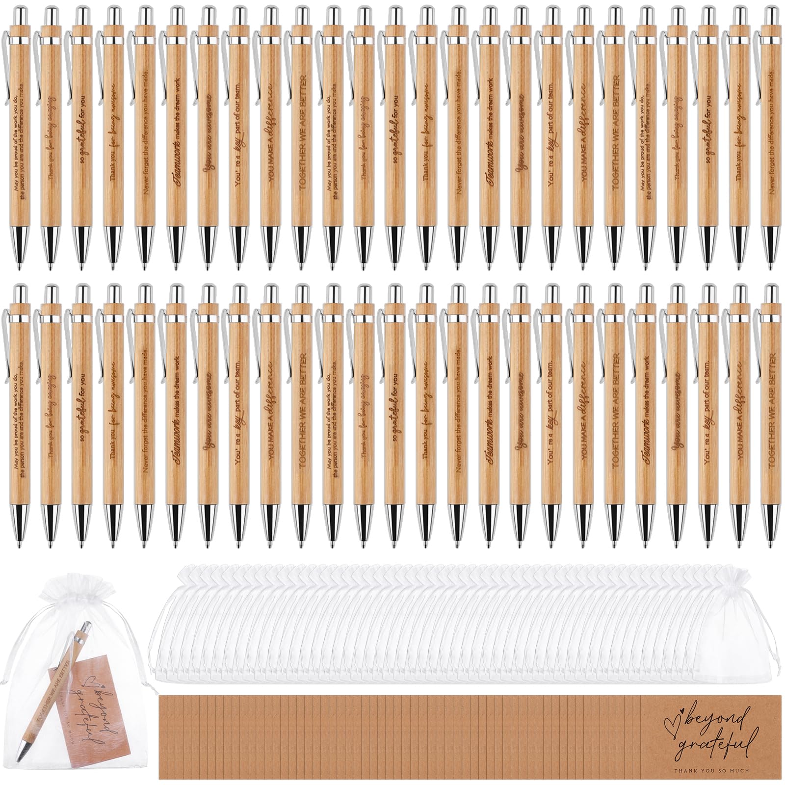 160Pcs Inspirational Ballpoint Pen Employee Appreciation Gifts Thank You Gift Bamboo Pens Motivational Quotes Pen with Organza Bags Thank You Cards Encouraging Pen for Teacher Colleague Nurse Students