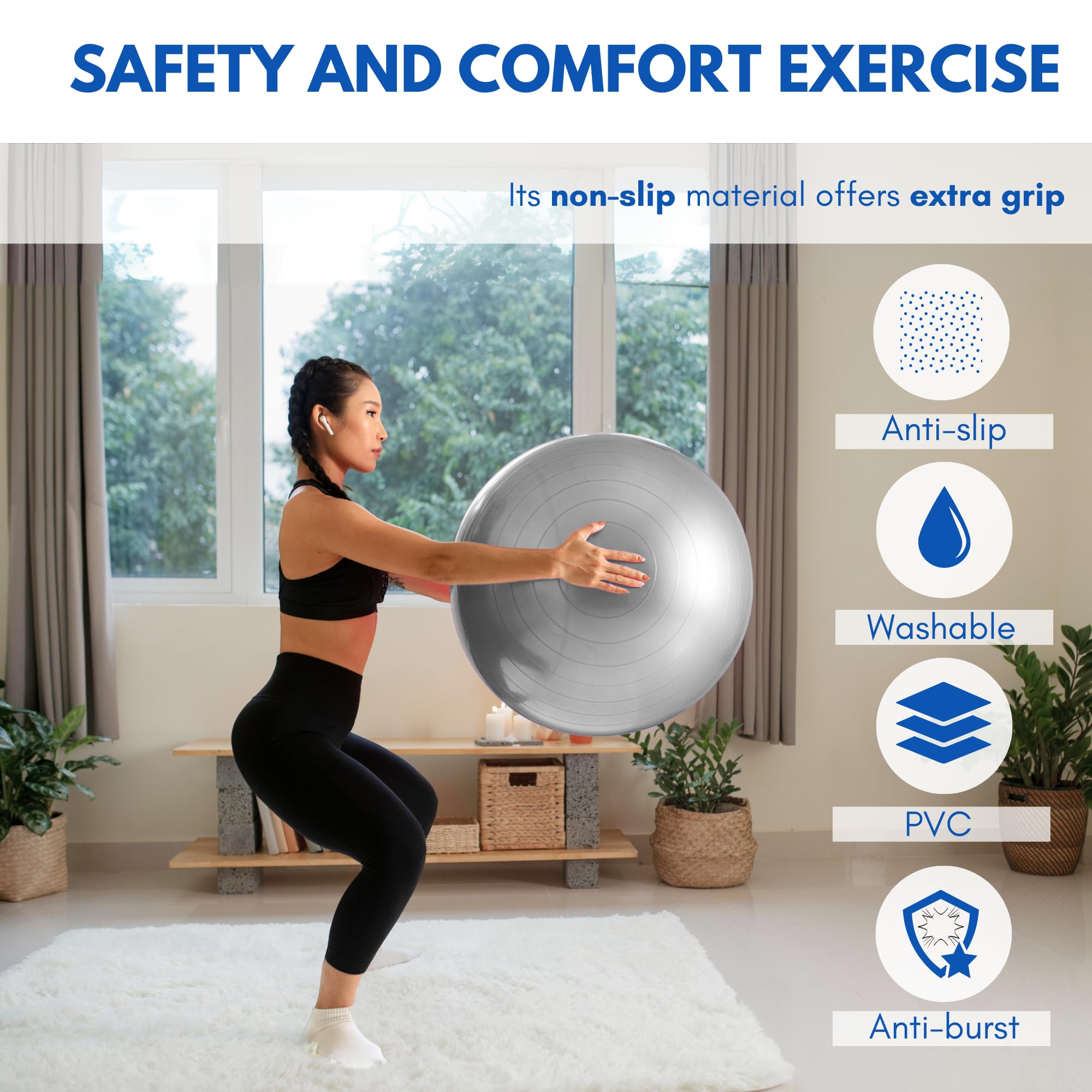 Ballon de Yoga 55 cm PVC Antidérapant Fitball avec Gonfleur