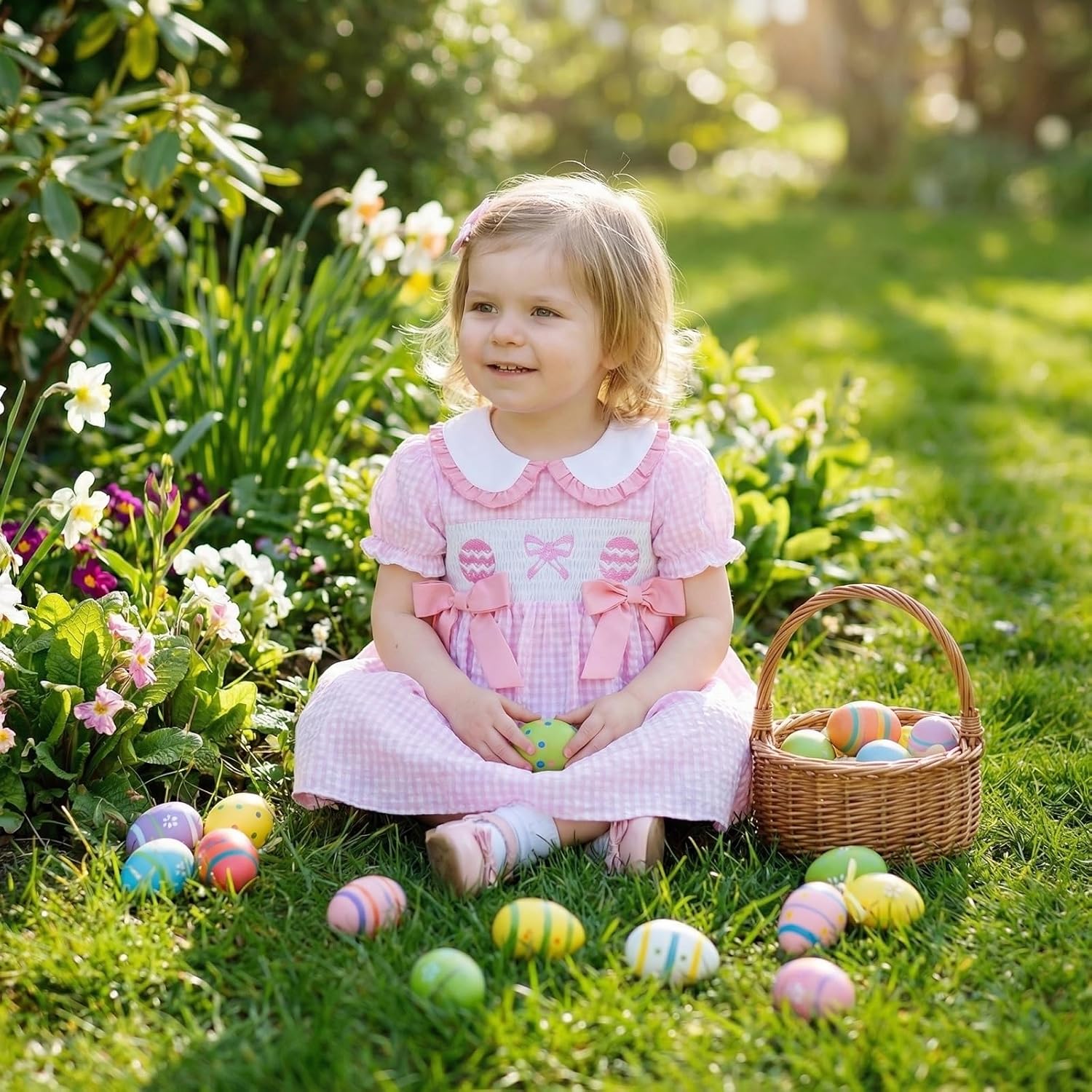 Toddler Baby Girl Easter Outfit Easter Eggs Smocked Dress Puff Sleeve Doll Collar Dreeses Infant Cute Summer Clothes - Image 3