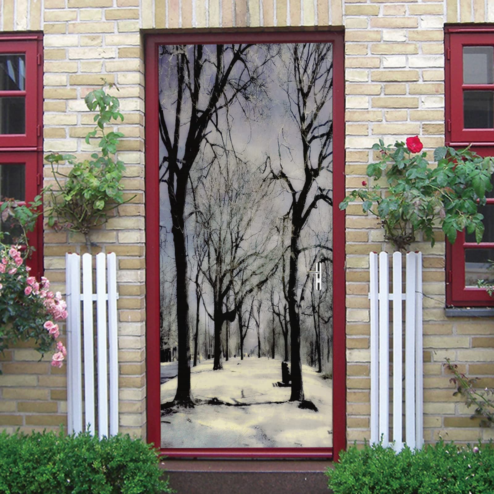 Sticker Porte 3D Forêt Hiver Paysage Enneigé - Autocollant Mural Amovible Flocons De Neige 95x215 Cm