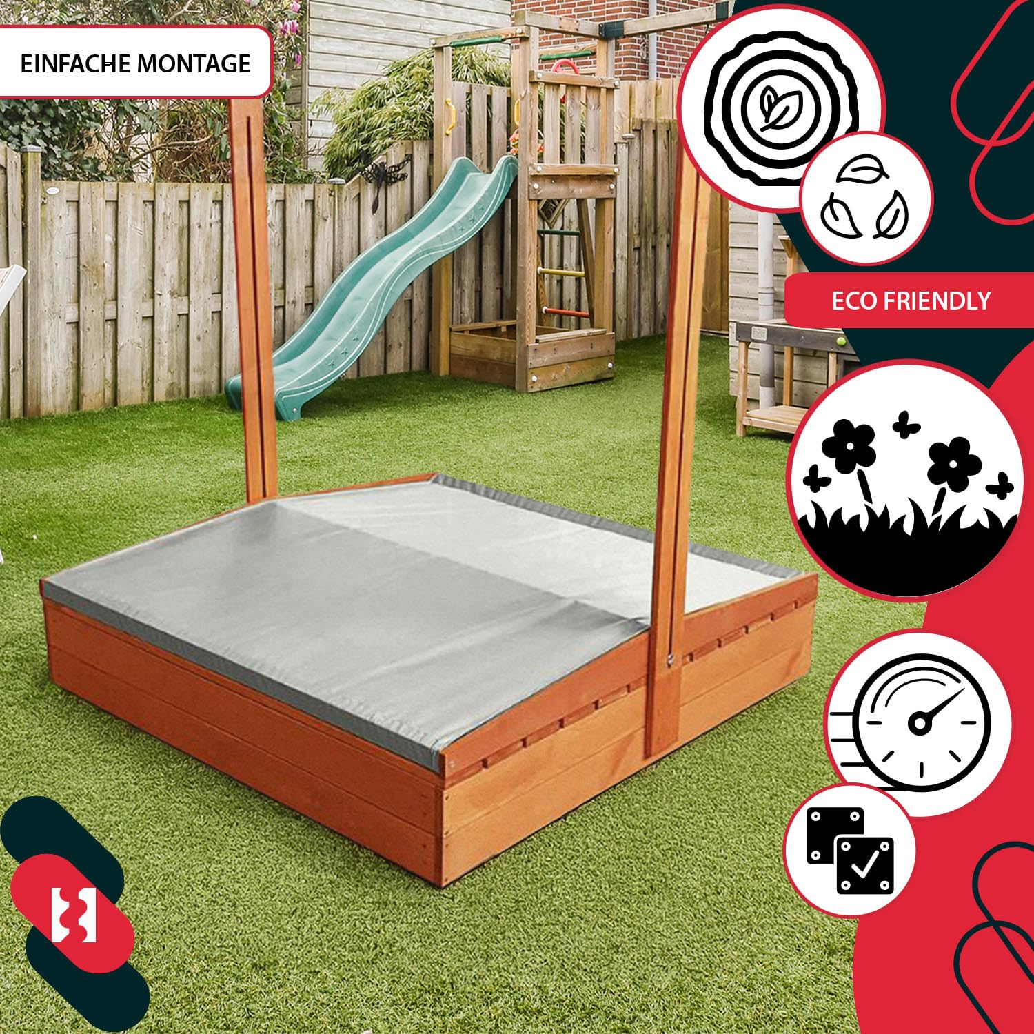 KOTARBAU® Arenero Infantil - Madera - 140 x 140 cm - Marrón - Arenero con Tapa - y Bancos - con Techo Gris - Protección Solar - Cajón de Arena - Zona de Arena Infantil