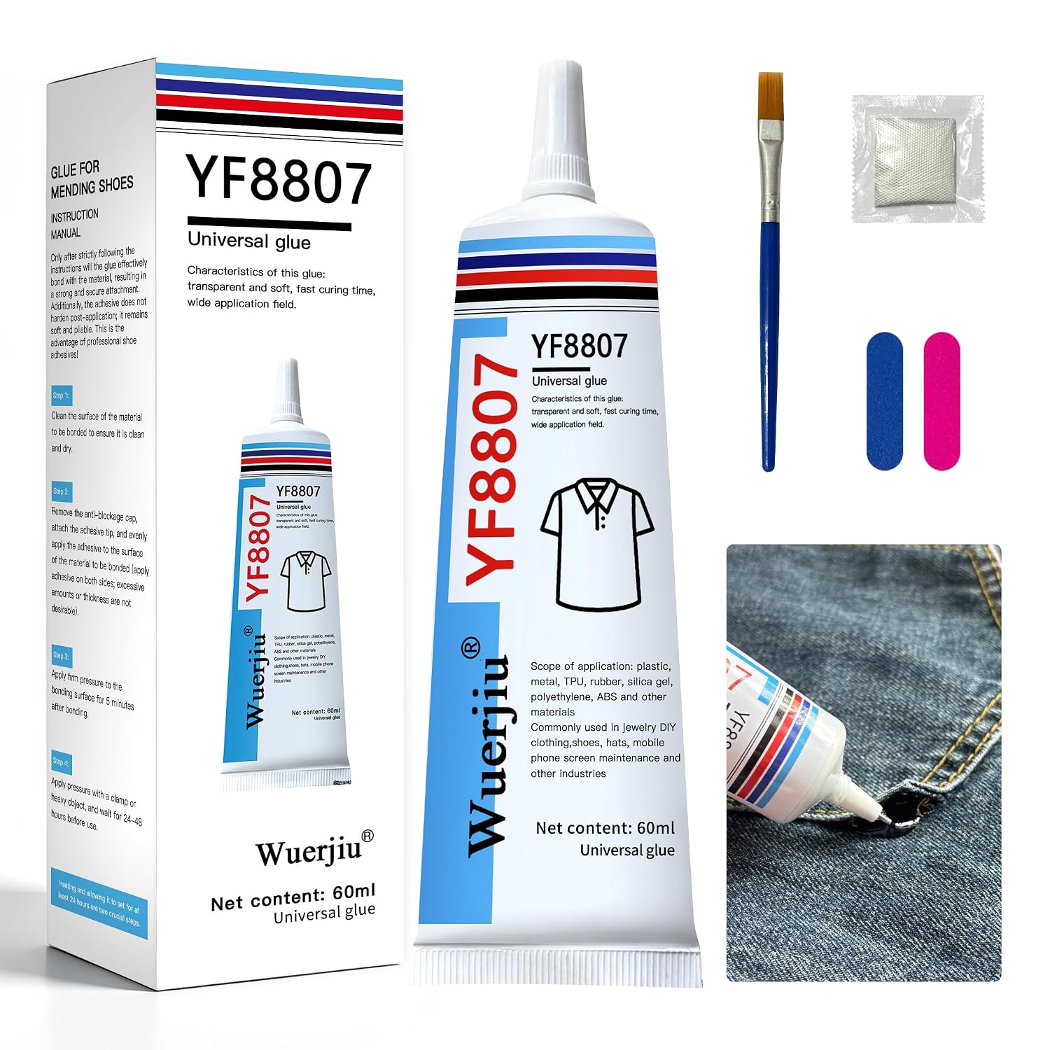 Water-Based Fabric Glue 60g, Waterproof Washable Fabric Glue for Clothing, Canvas, Leather, Polyester & Denim. Ideal for Clothing Repair, DIY Crafts, Fabric Patches & Plush Accessories.
