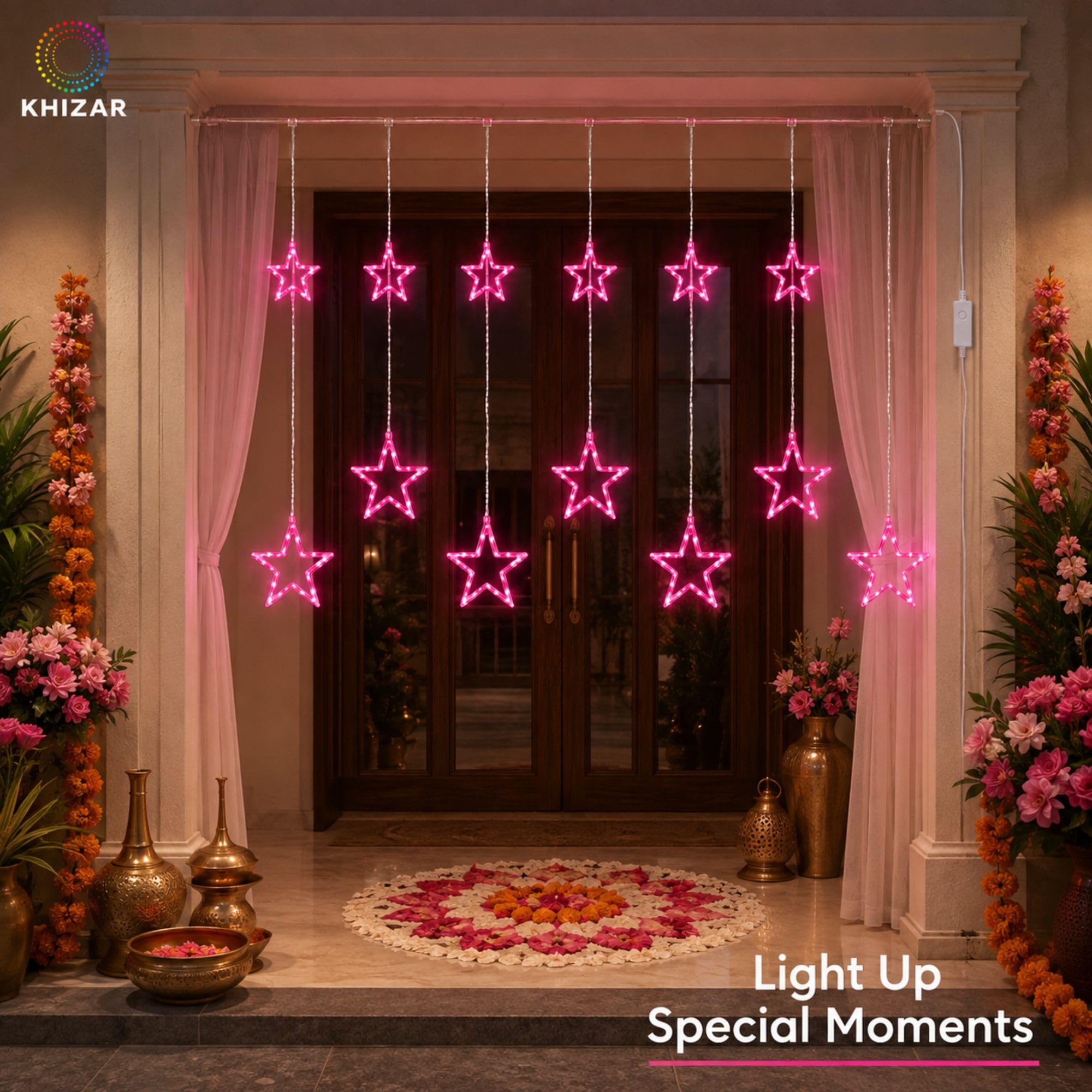 KHIZAR 6+6 Star Curtain LED Light, Pink, Plug-in, 8 Lighting Modes for Window, Bedroom, Balcony and Festival Décor 4