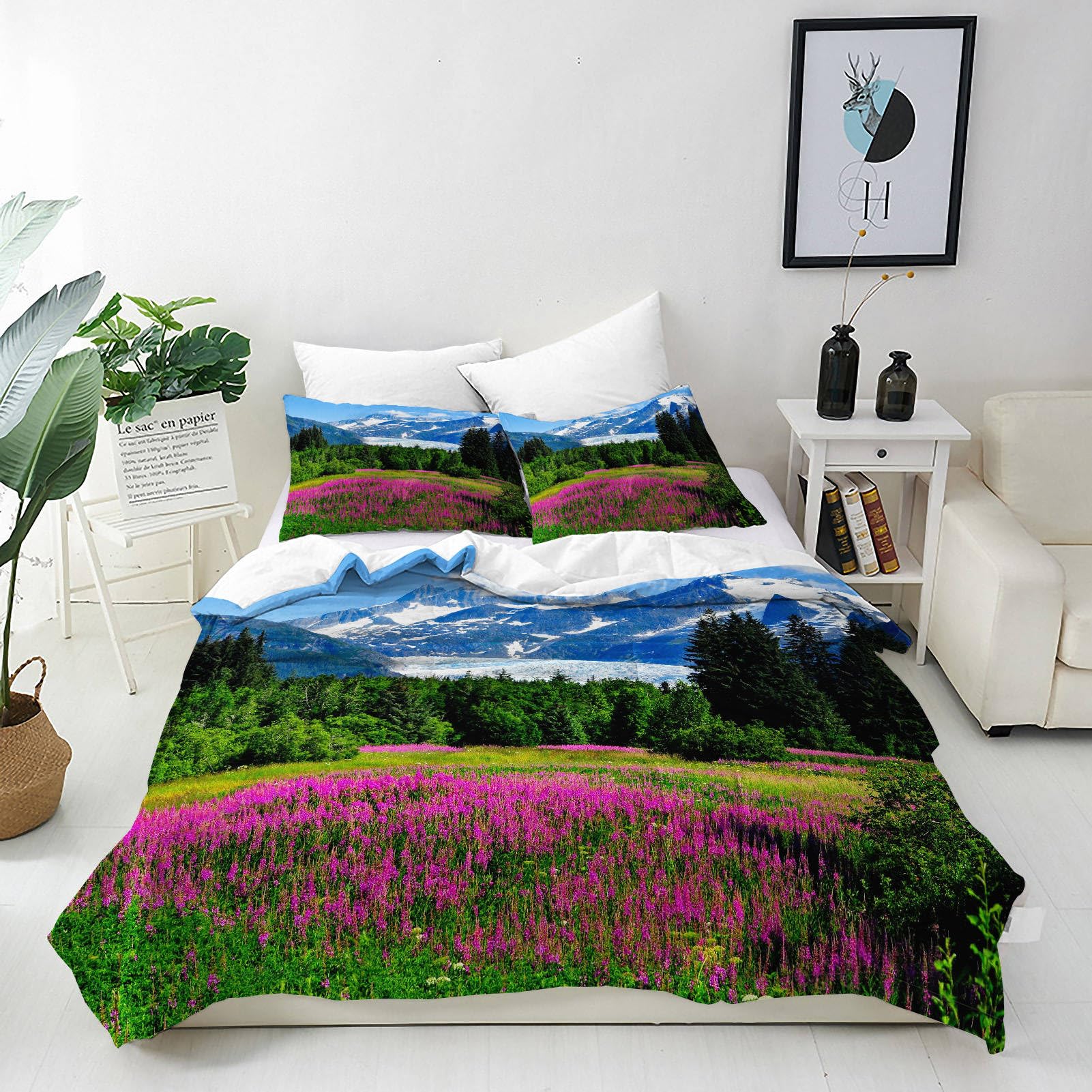 ANHOPE Nature Duvet Cover Set Soft Lightweight Microfibre 3 Piece Bedding Set with 2 Pillowcase Snow Mountain Forest Flower Scenery Print Pattern All Season Quilt Cover with Zipper Closure King — image 1