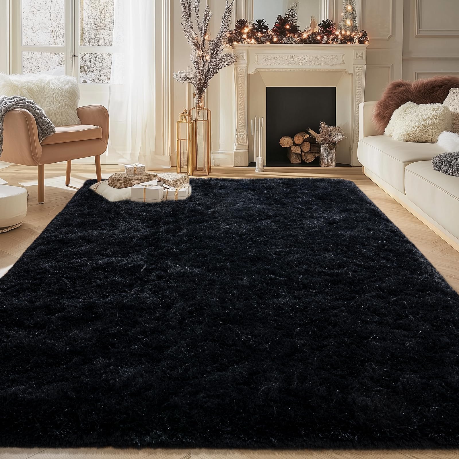 NSZONC Black Fluffy Rugs for Bedroom Living Room, 4x5.9 Feet Soft Shag Bedside Rug, Cozy Fuzzy Indoor Floor Carpet for Nursery Kids Room Dorm Home
