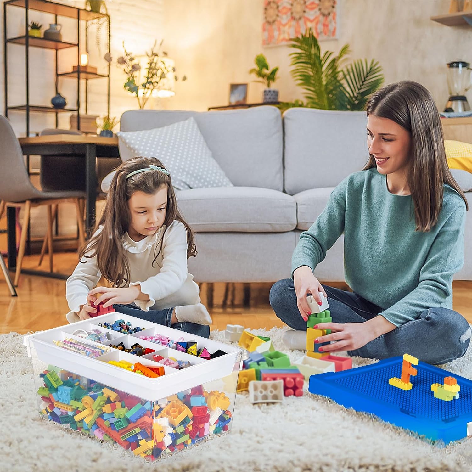 Plastic Storage Bins with Lids - 1 Set Stackable Arts Crafts Organizer Box with Removable Divided Tray &Compatible Building Baseplate,Toy Chest Containers for Bricks -Blue(14.37"x9.64"x6.69")