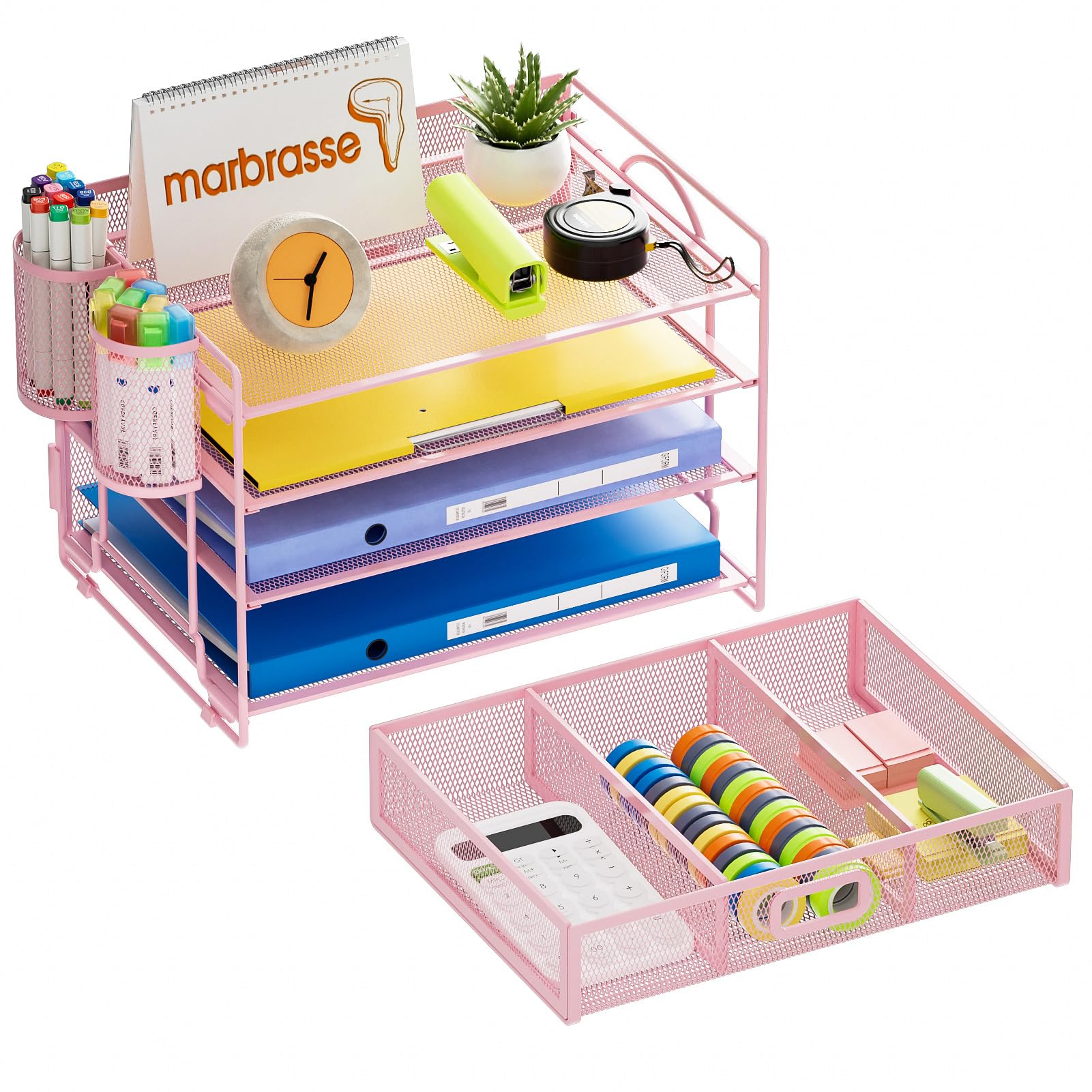 Marbrasse Organizador Escritorio,4-Tire Bandejas Oficina,2 Soportes para Bolígrafos,Bandeja Escritorio Organizador para Hogar Oficina(Rosa)