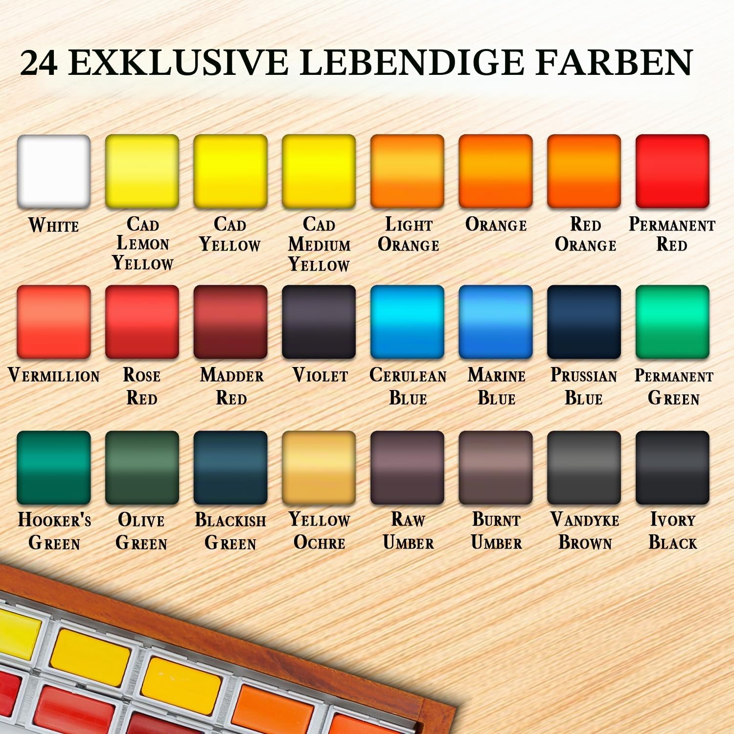 Pinturale Aquarellfarben | Premium Pigmentierung Wasserfarben | 24 große Aquarell + Holzkiste + Tuch | Aquarellkasten, Malkasten, Aquarellfarbkasten für Künstler